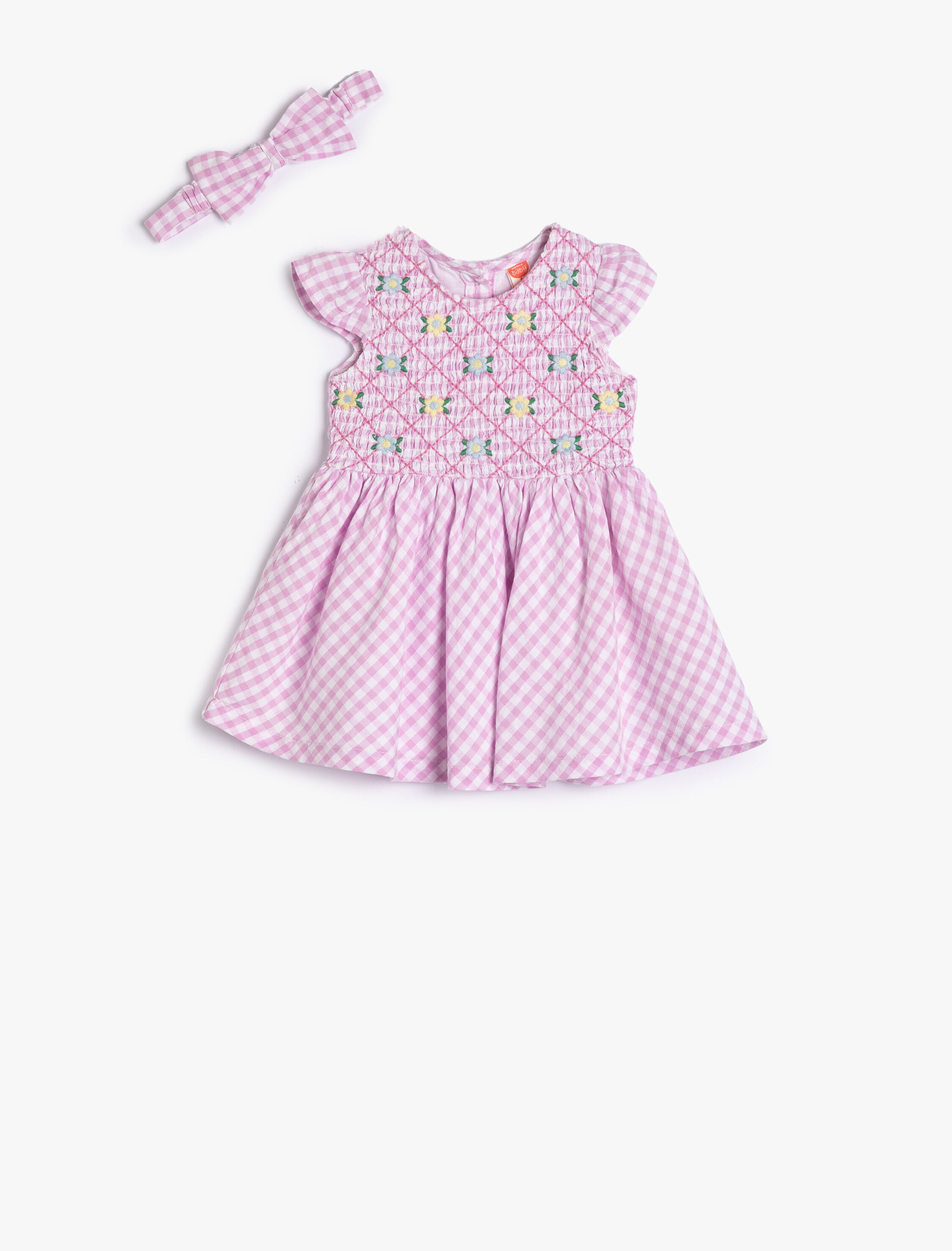  Kız Bebek Elbise ve Saç Bandı Kısa Kollu Çiçekli İşleme Detaylı Yuvarlak Yaka Pamuklu Astarlı