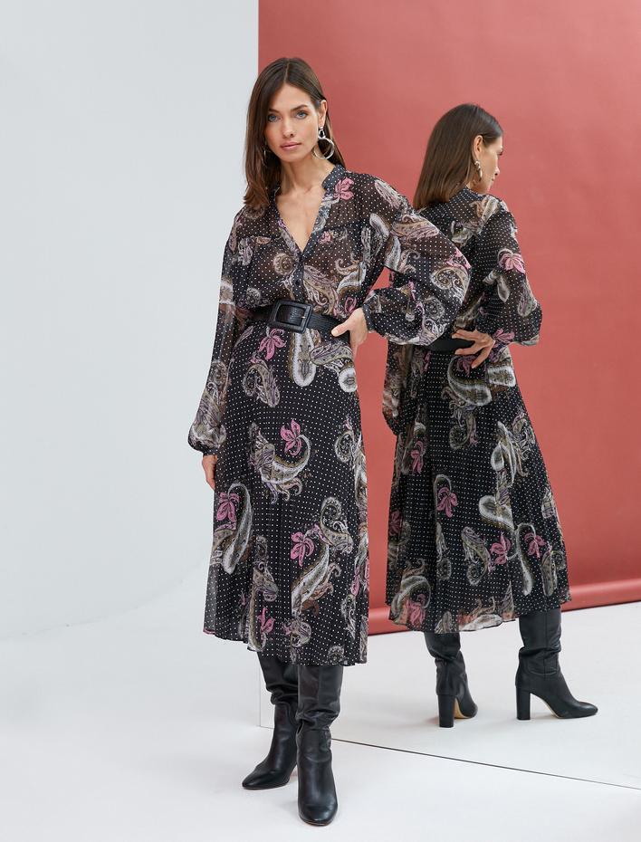  Pileli Midi Etek Yüksek Bel Etnik Desenli Astarlı