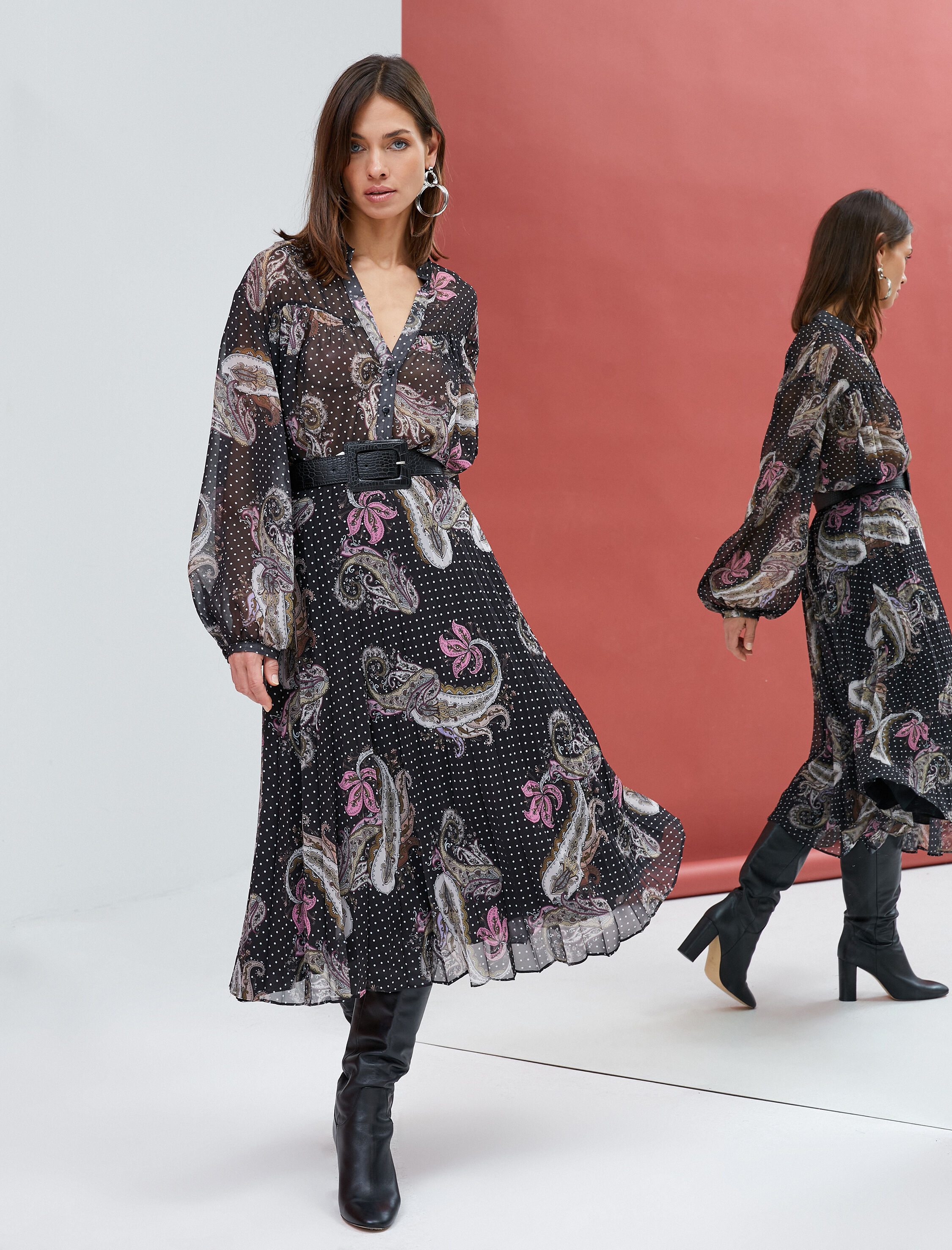   Pileli Midi Etek Yüksek Bel Etnik Desenli Astarlı