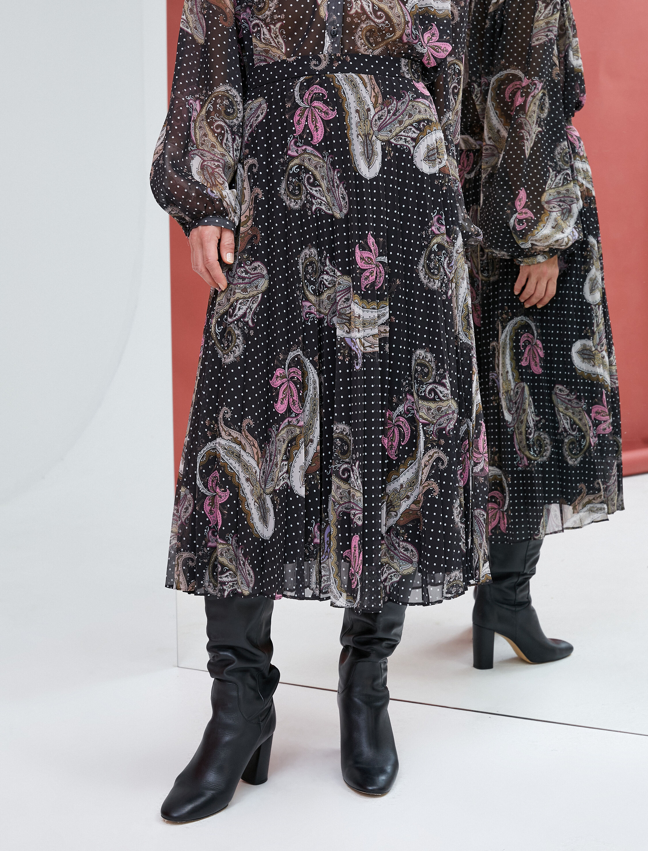   Pileli Midi Etek Yüksek Bel Etnik Desenli Astarlı