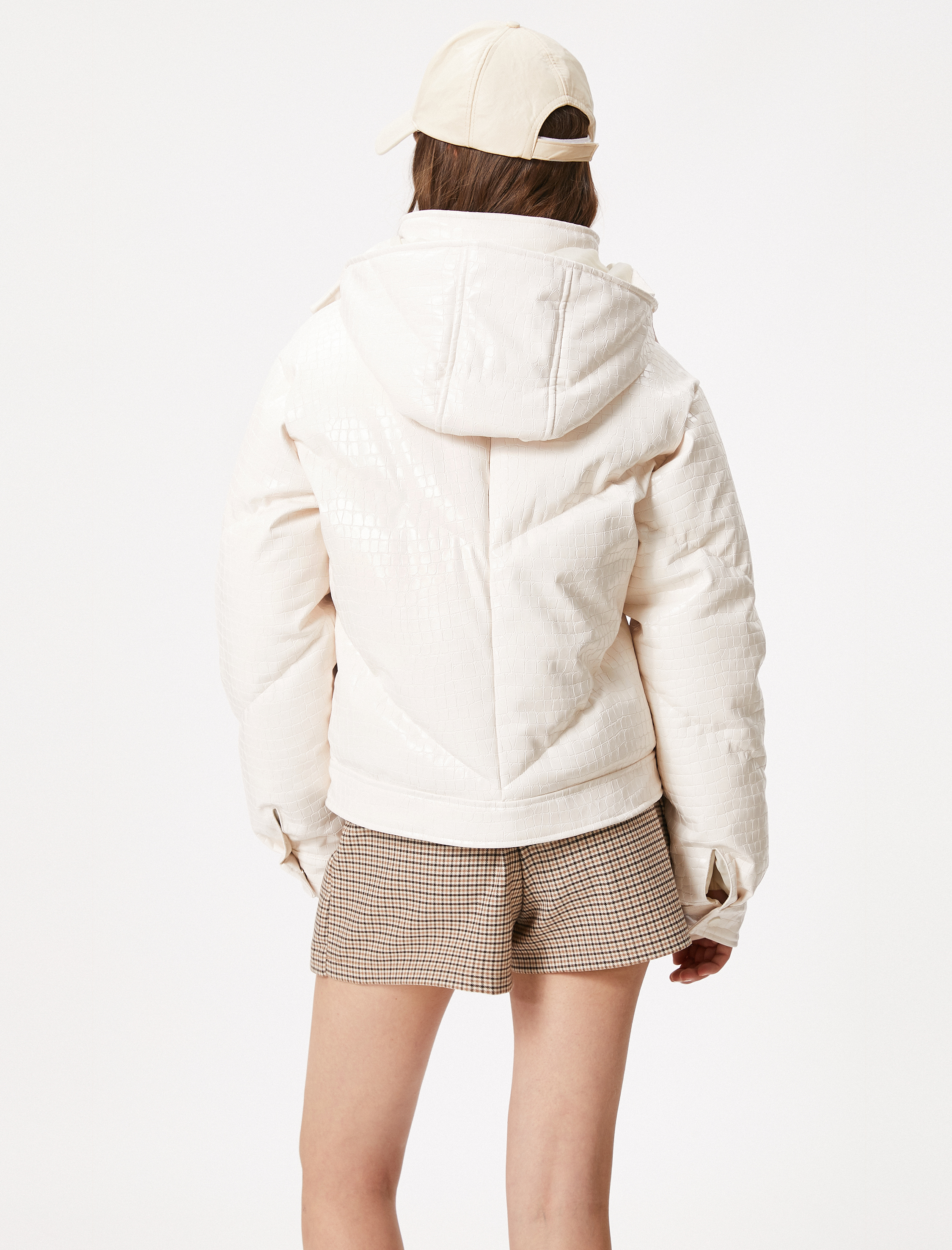   Mont Krokodil Suni Deri Görünümlü Kapüşonlu Cepli Dik Yaka