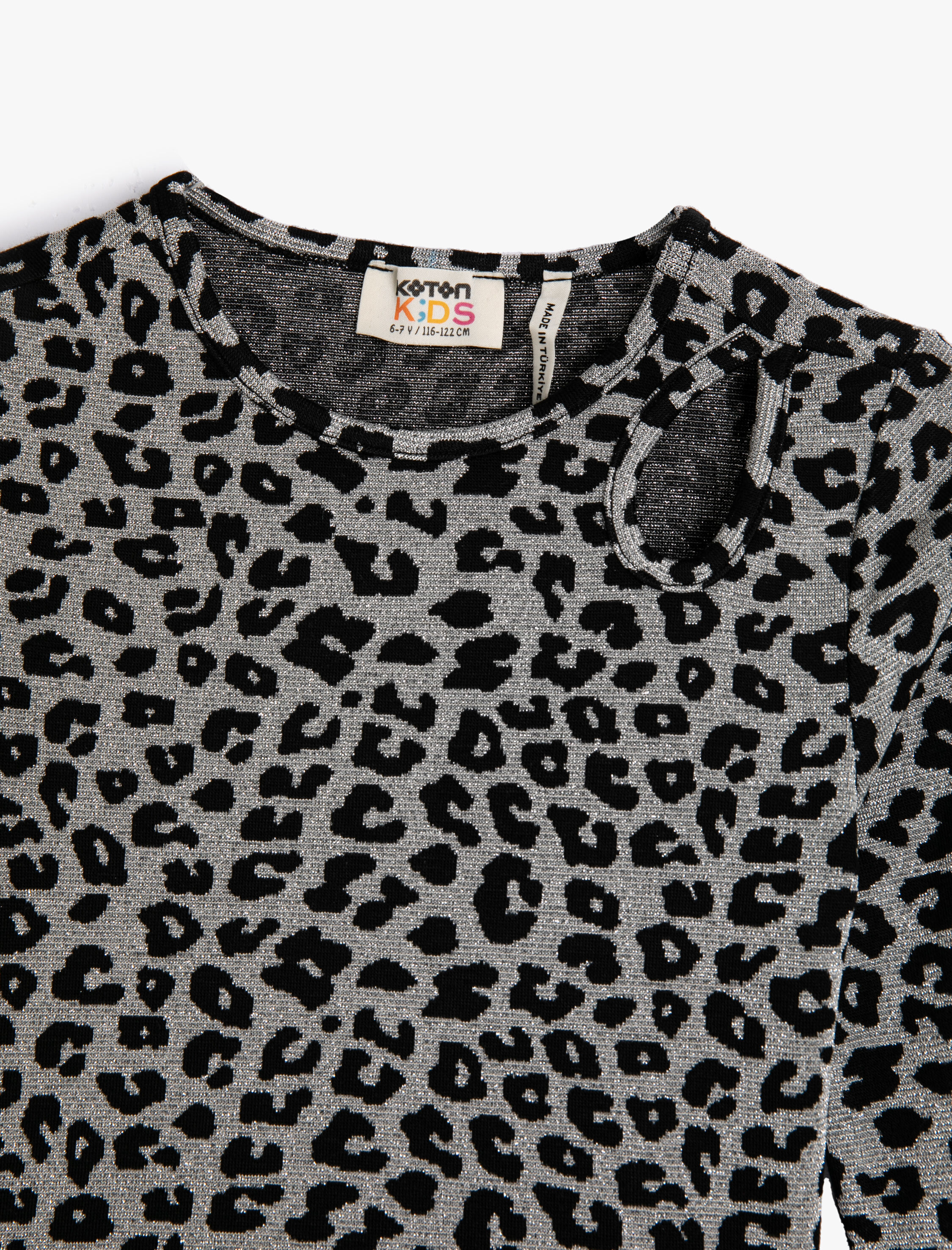  Kız Çocuk Crop Tişört Pencere Detaylı Uzun Kollu Leopar Desenli Yuvarlak Yaka