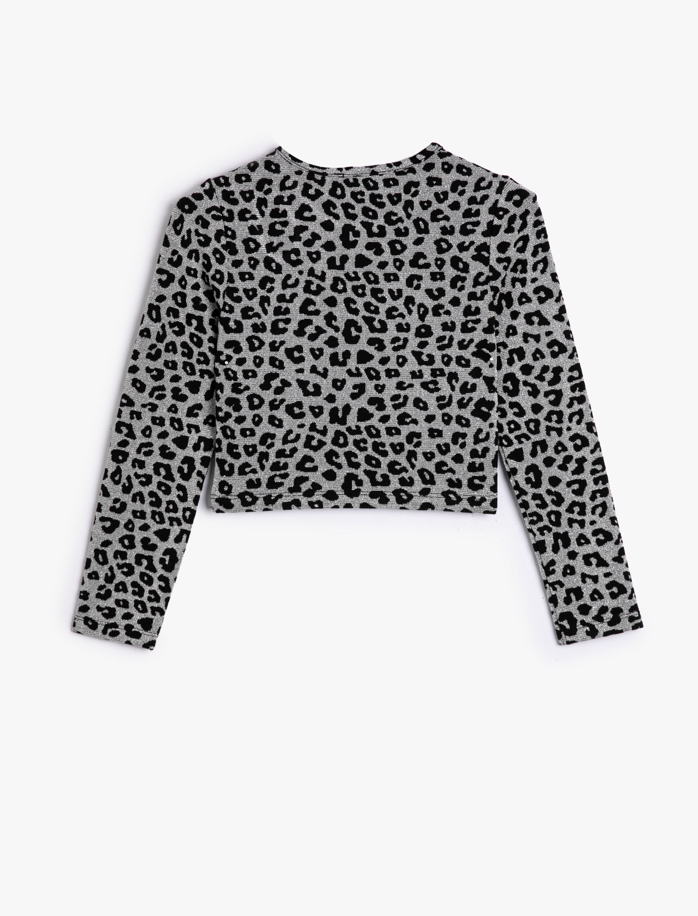  Kız Çocuk Crop Tişört Pencere Detaylı Uzun Kollu Leopar Desenli Yuvarlak Yaka