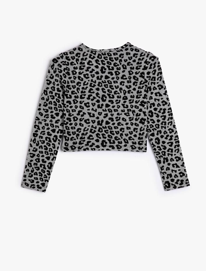 Kız Çocuk Crop Tişört Pencere Detaylı Uzun Kollu Leopar Desenli Yuvarlak Yaka