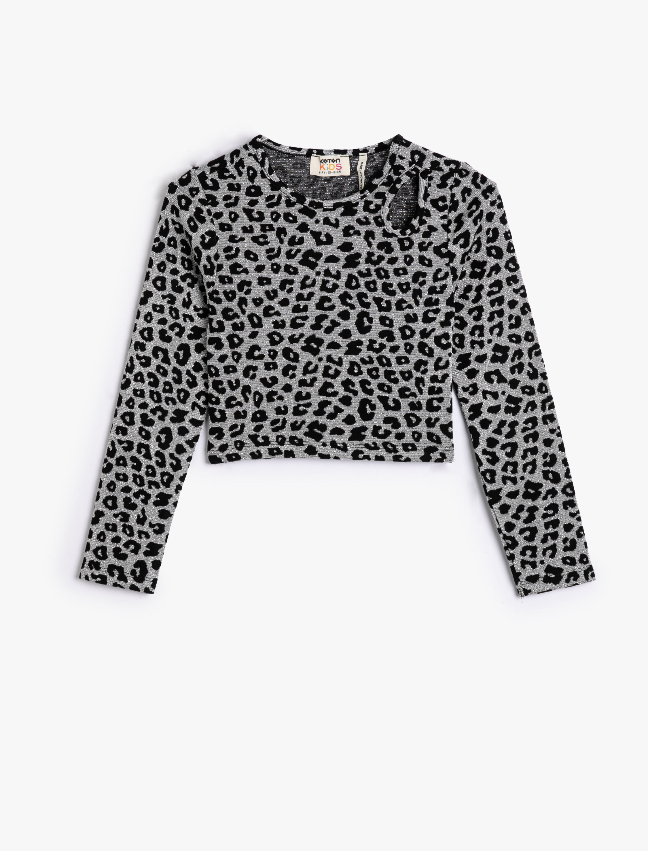  Kız Çocuk Crop Tişört Pencere Detaylı Uzun Kollu Leopar Desenli Yuvarlak Yaka