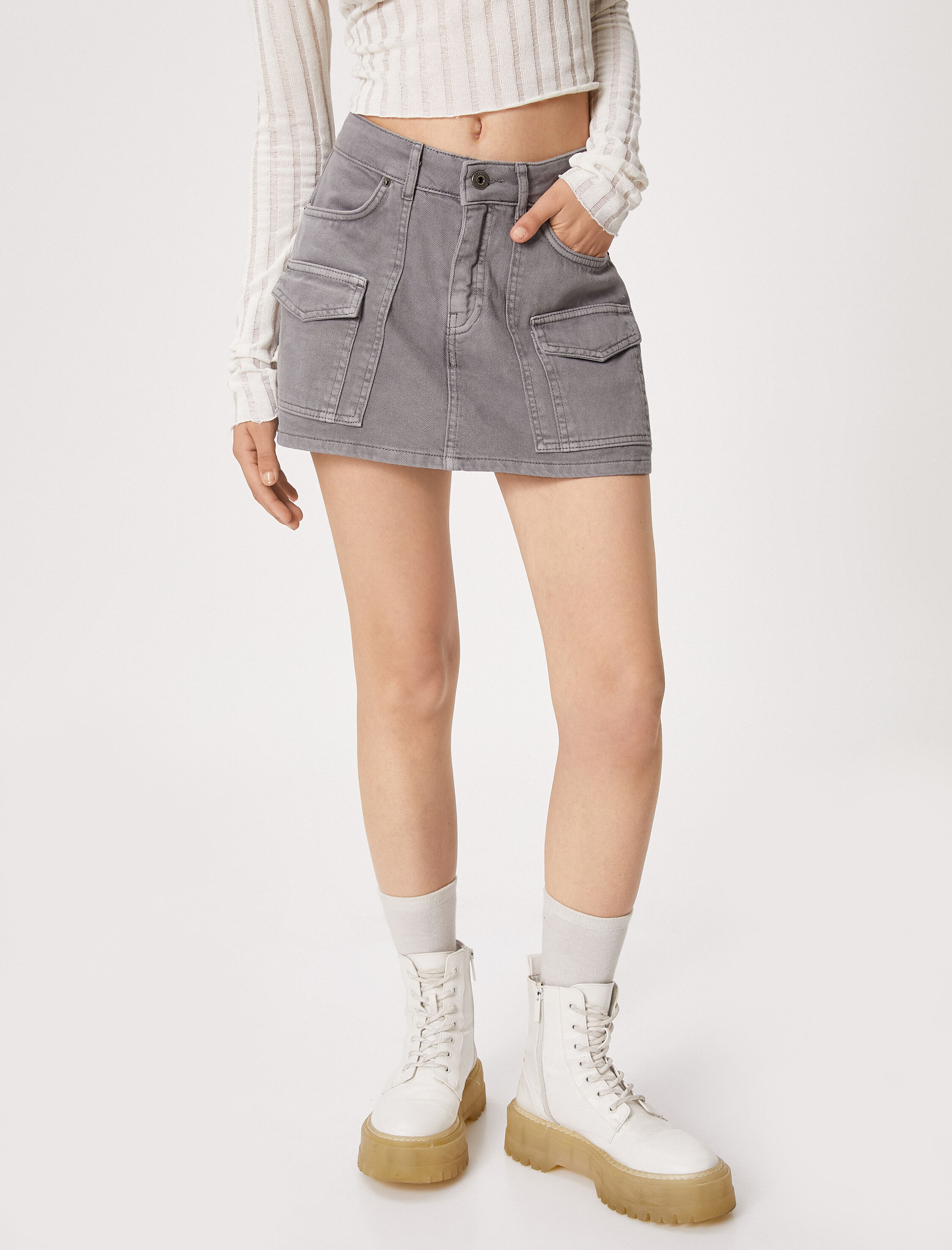   Kot Şort Etek Mini Gabardin Kumaş Fermuarlı Düğmeli