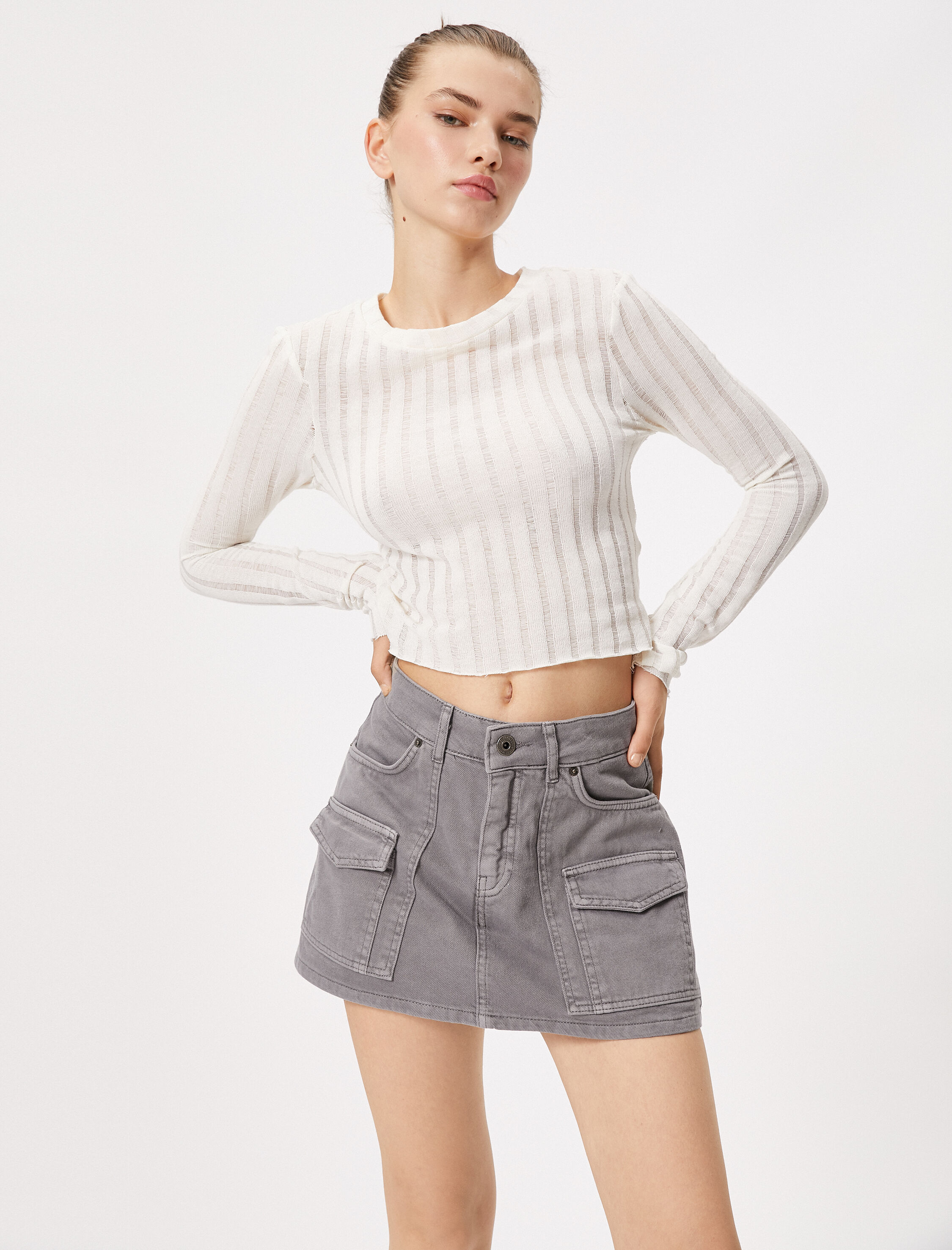   Kot Şort Etek Mini Gabardin Kumaş Fermuarlı Düğmeli