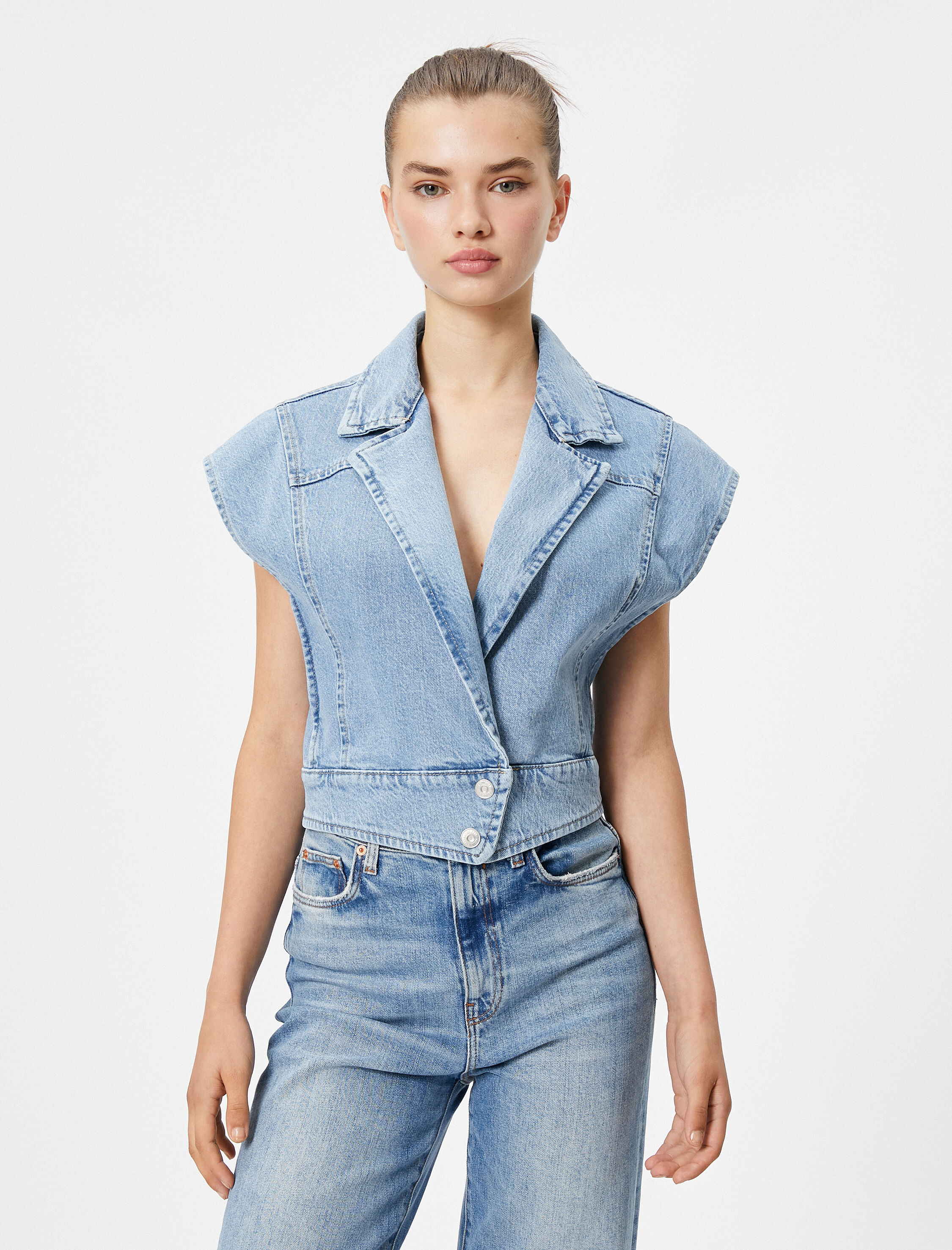 Kot Yelek Kruvaze Kapama Düğmeli Geniş Omuzlu Pamuklu