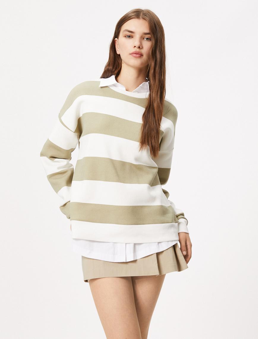   Şardonlu Sweatshirt Bisiklet Yaka Uzun Kollu Pamuk Karışımlı
