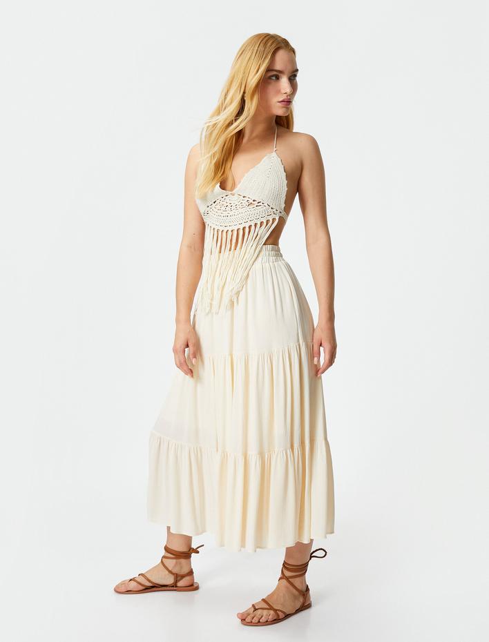  Midi Viskon Etek Beli Lastikli Volanlı Rahat Kesim