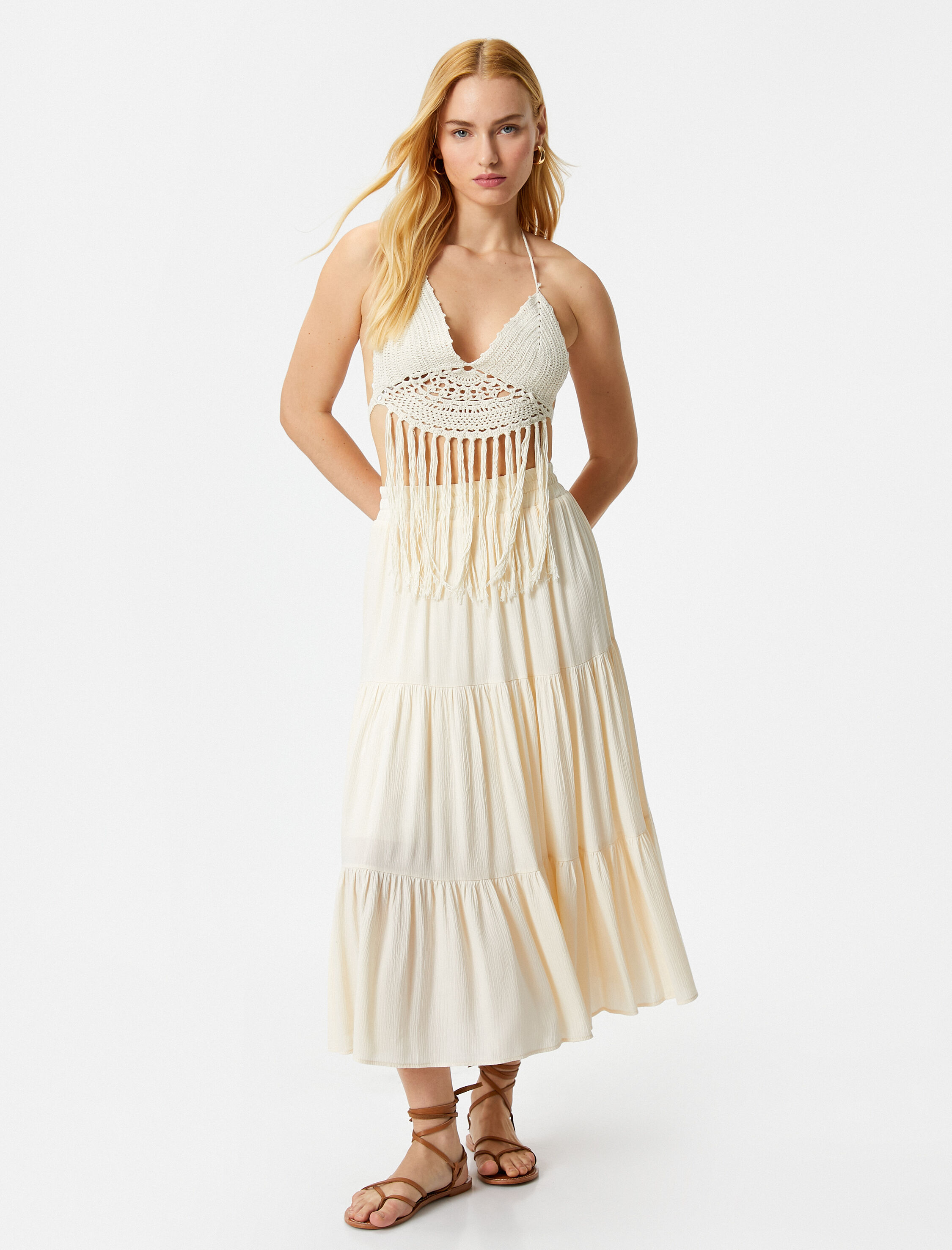   Midi Viskon Etek Beli Lastikli Volanlı Rahat Kesim