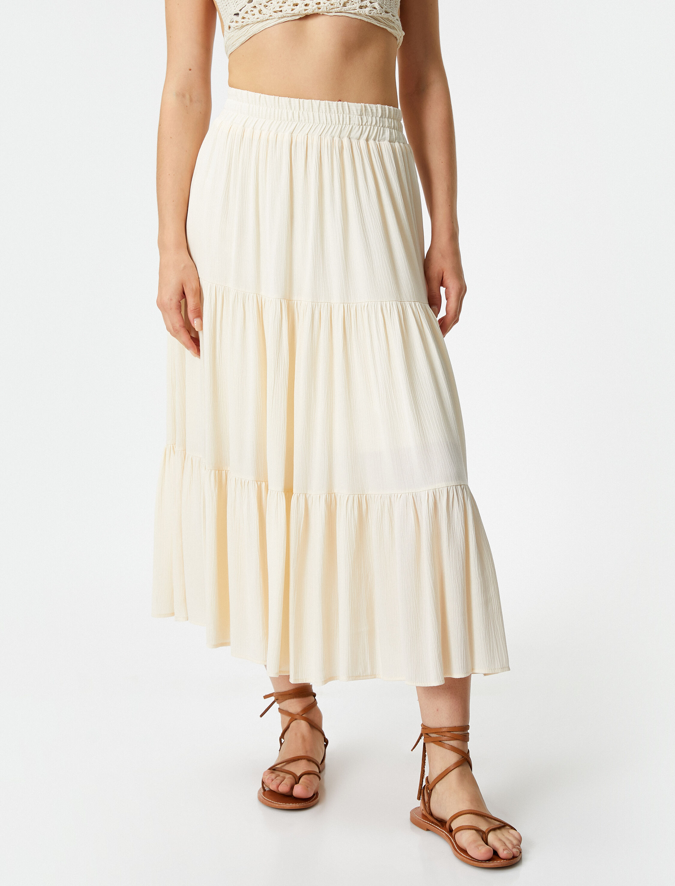   Midi Viskon Etek Beli Lastikli Volanlı Rahat Kesim