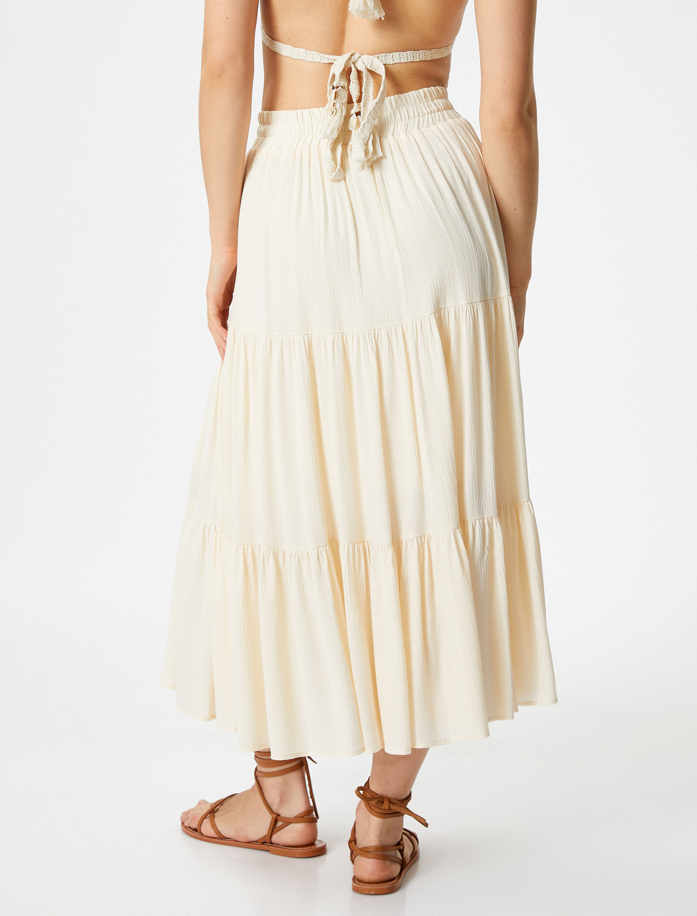   Midi Viskon Etek Beli Lastikli Volanlı Rahat Kesim