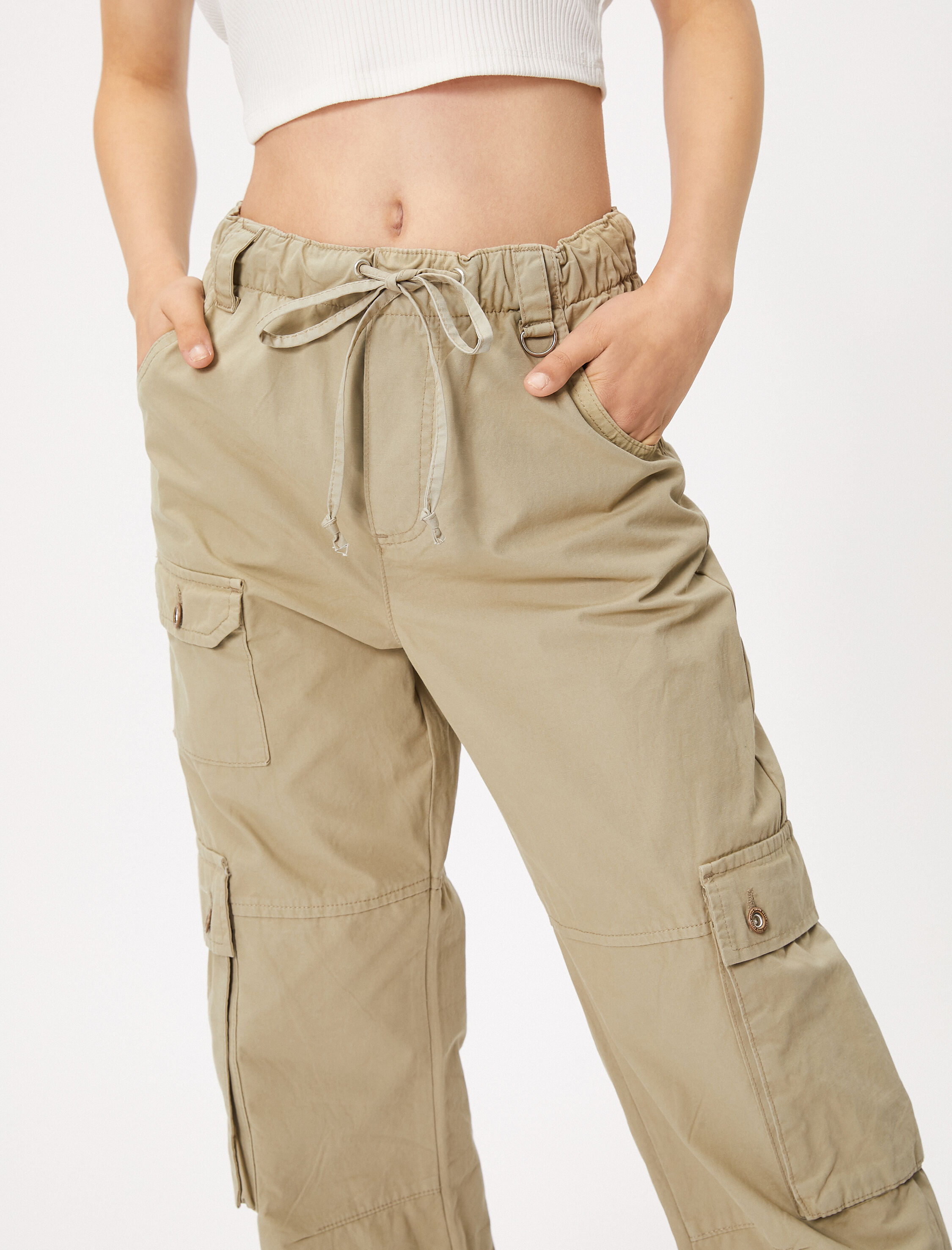   Kargo Pantolon Beli Bağcıklı Büyük Cepli Düğmeli Pamuklu