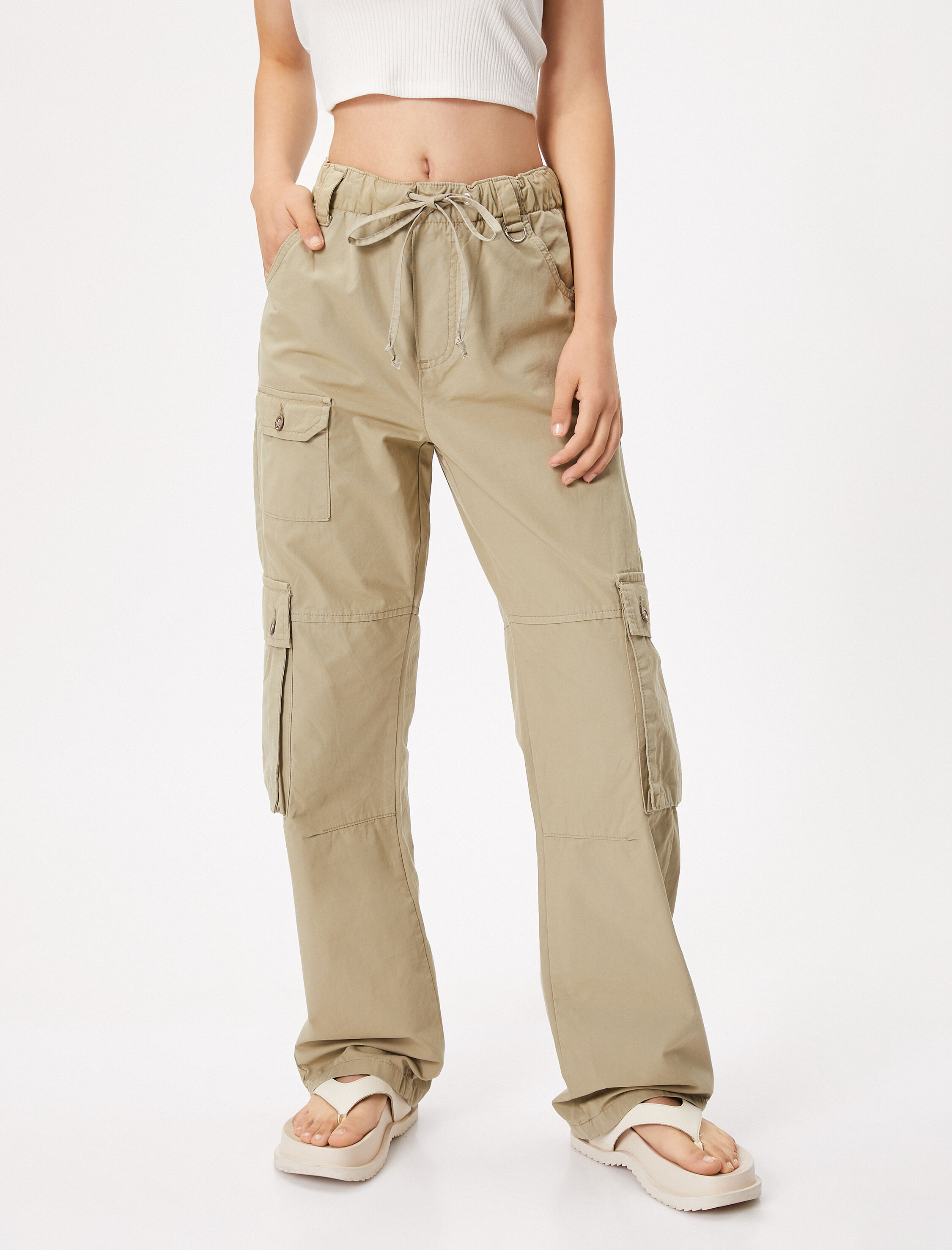   Kargo Pantolon Beli Bağcıklı Büyük Cepli Düğmeli Pamuklu