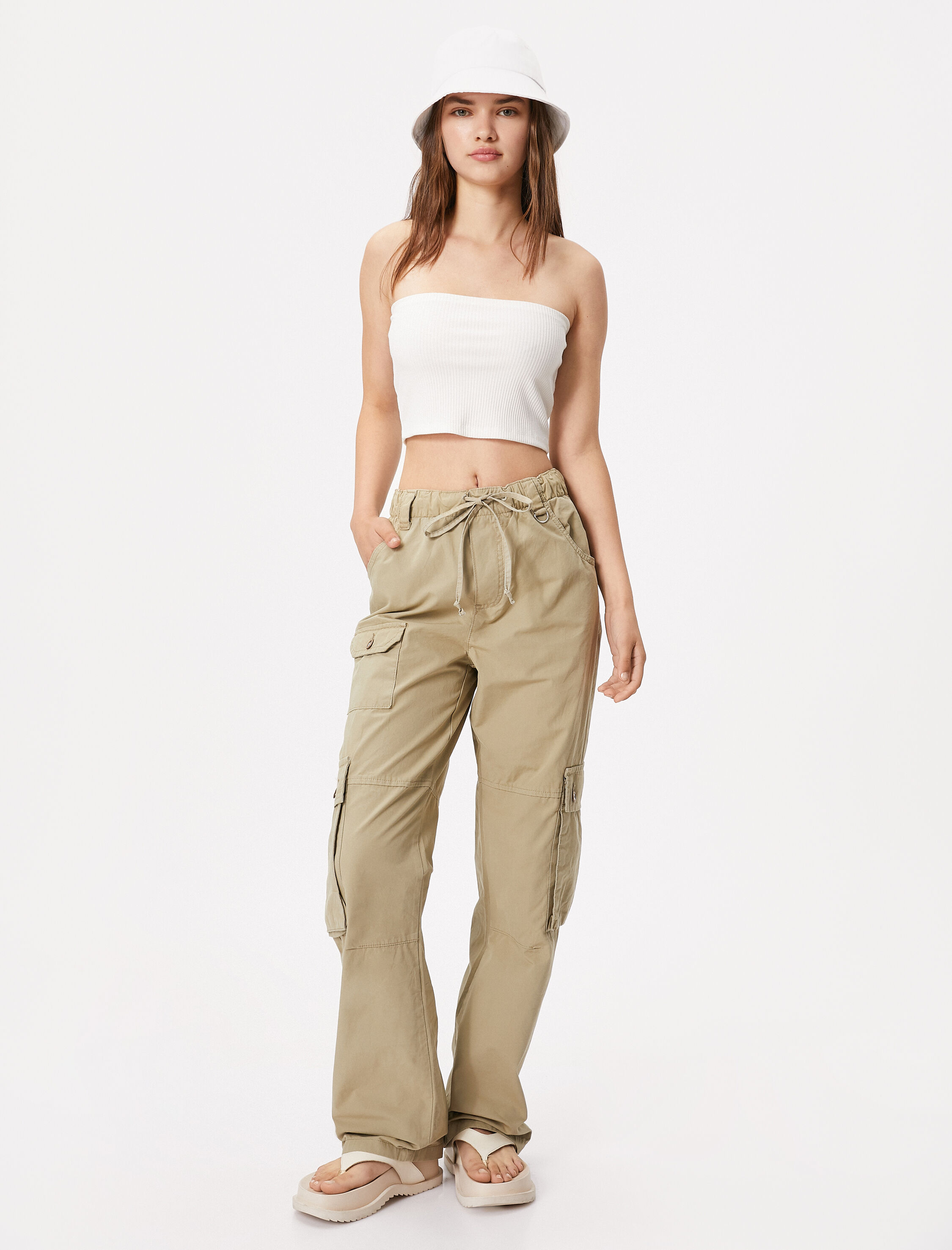   Kargo Pantolon Beli Bağcıklı Büyük Cepli Düğmeli Pamuklu