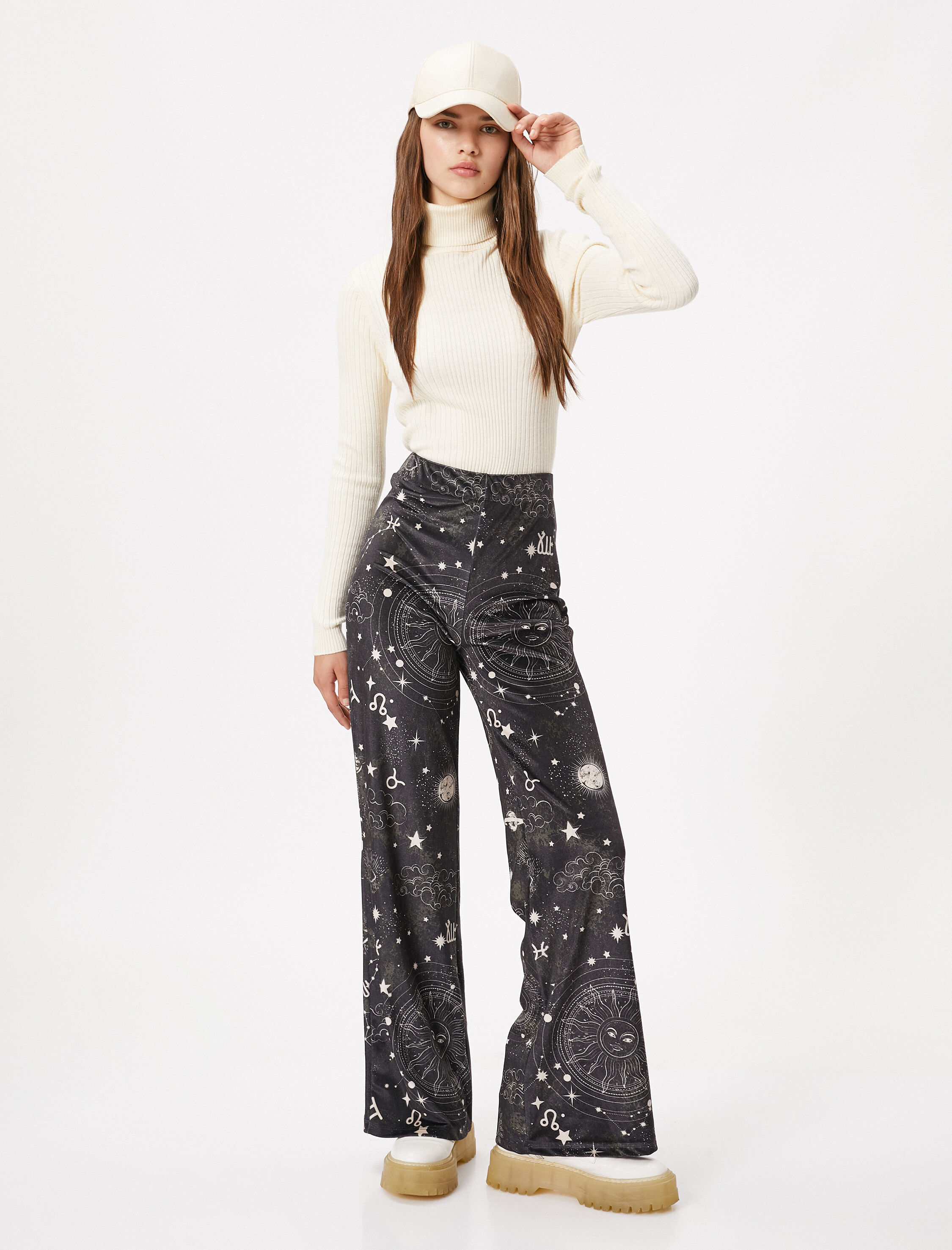   İspanyol Paça Tayt Pantolon Baskılı Yüksek Bel