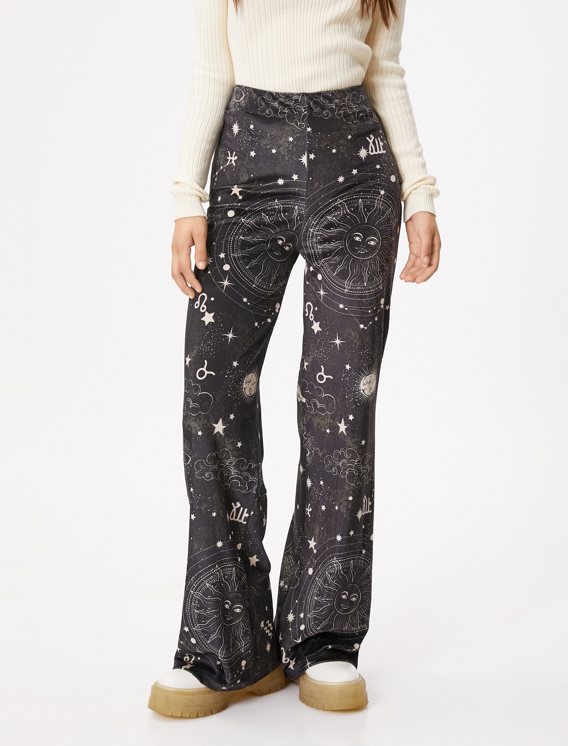   İspanyol Paça Tayt Pantolon Baskılı Yüksek Bel