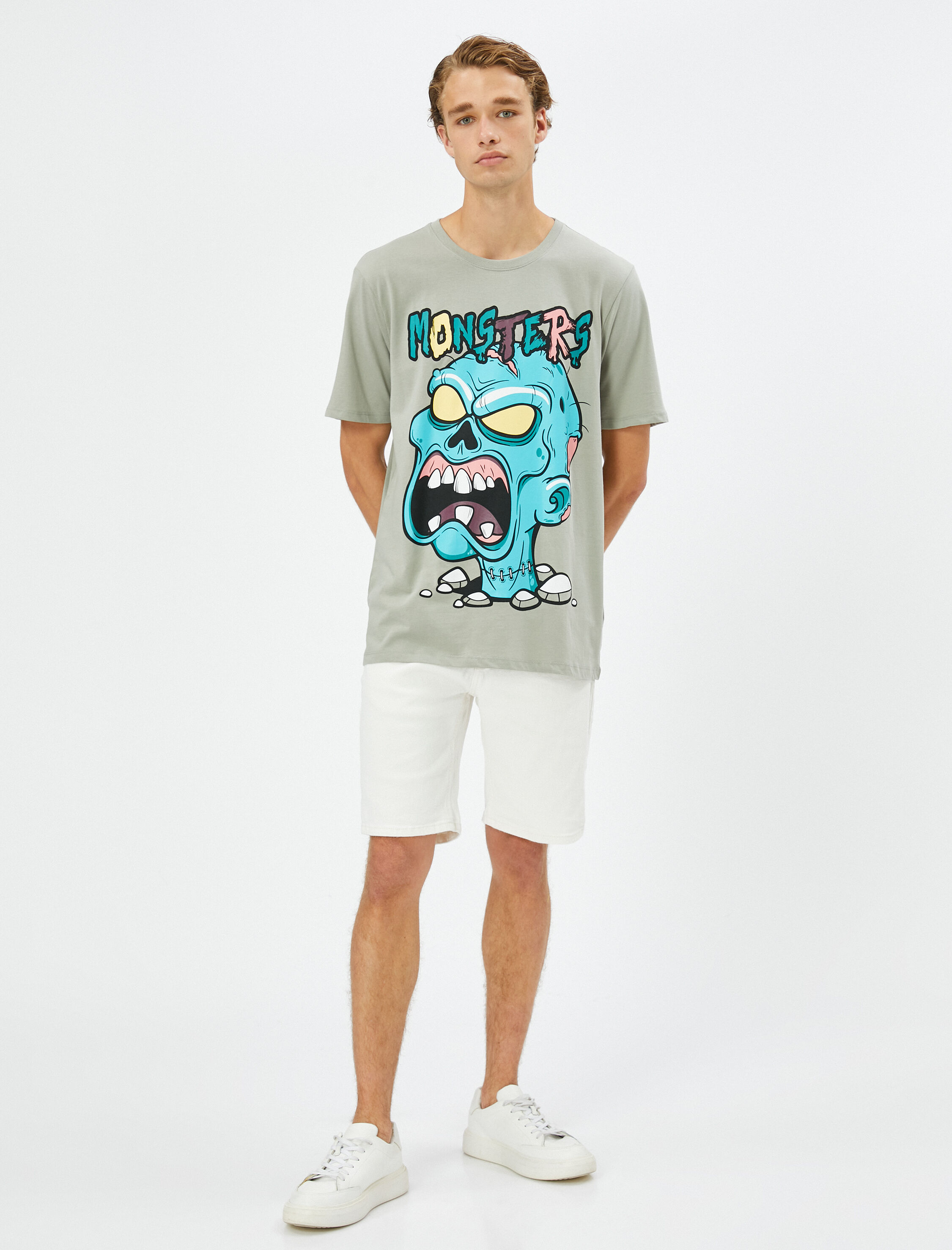   Baskılı Tişört Bisiklet Yaka Kısa Kollu Pamuklu