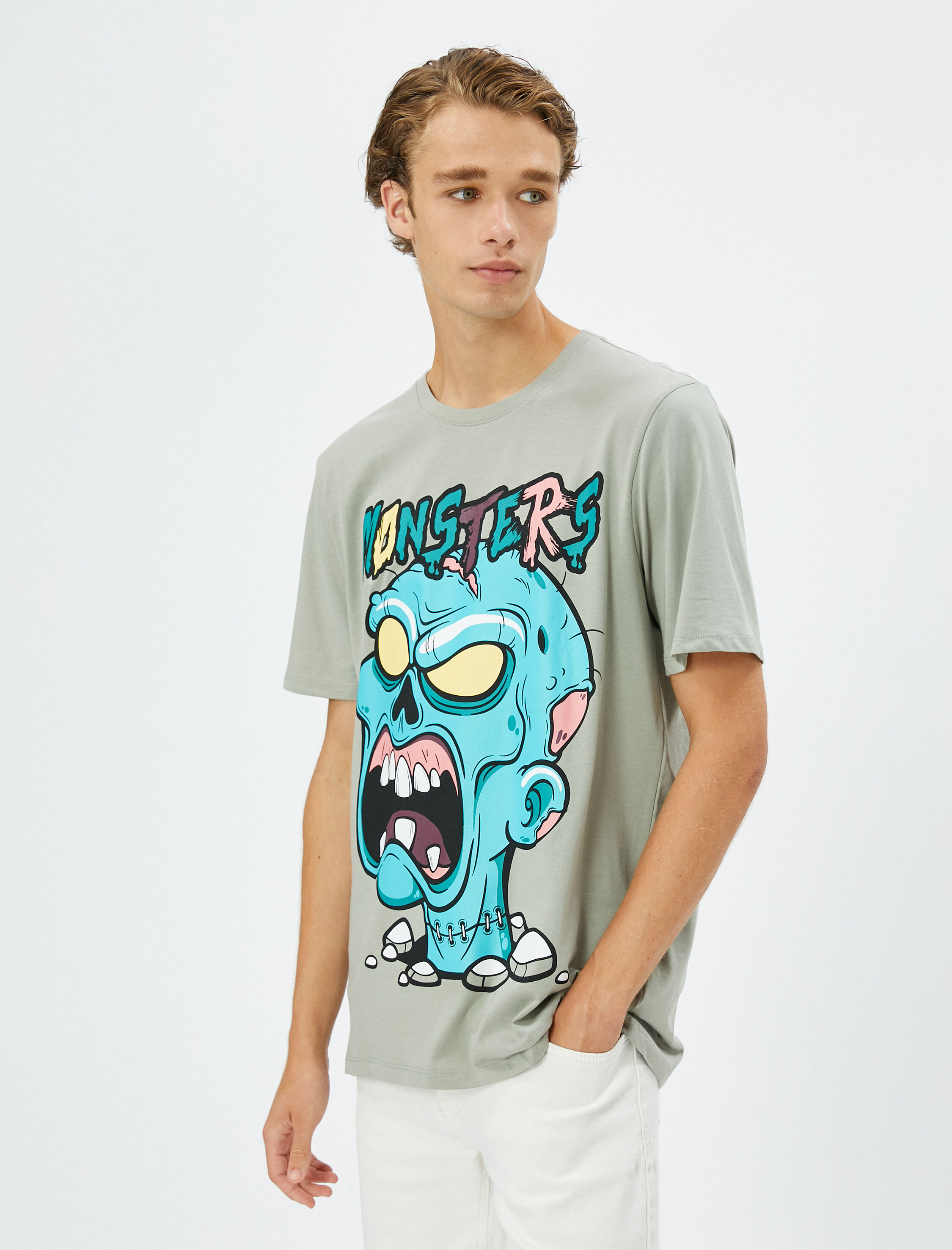   Baskılı Tişört Bisiklet Yaka Kısa Kollu Pamuklu