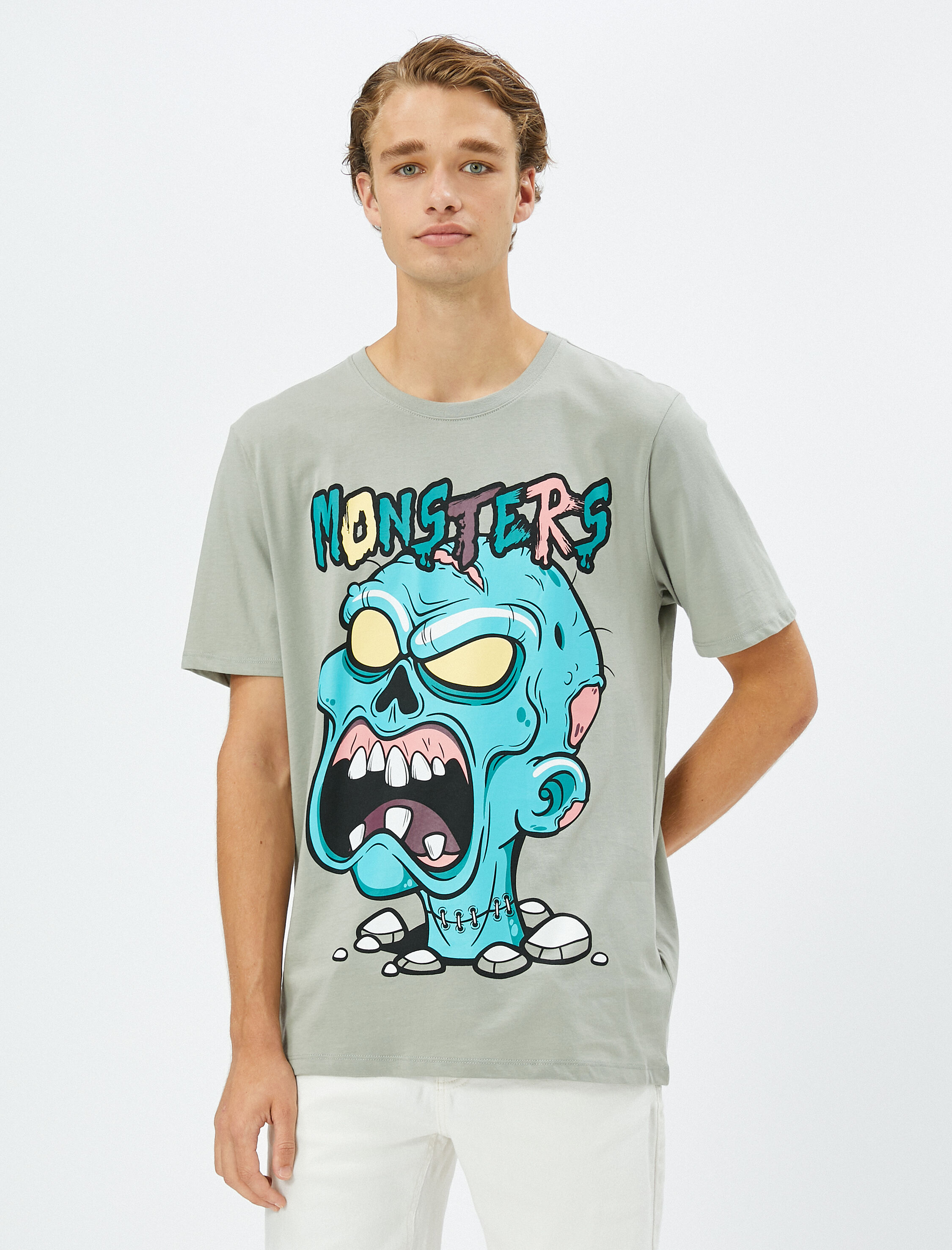   Baskılı Tişört Bisiklet Yaka Kısa Kollu Pamuklu