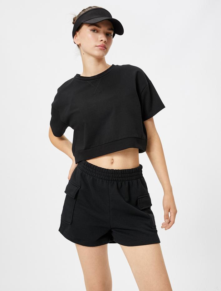  Spor Crop Tişört Bisiklet Yaka Kısa Kollu