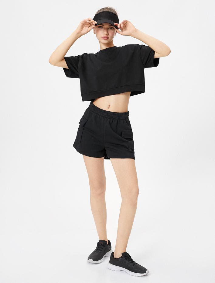  Spor Crop Tişört Bisiklet Yaka Kısa Kollu