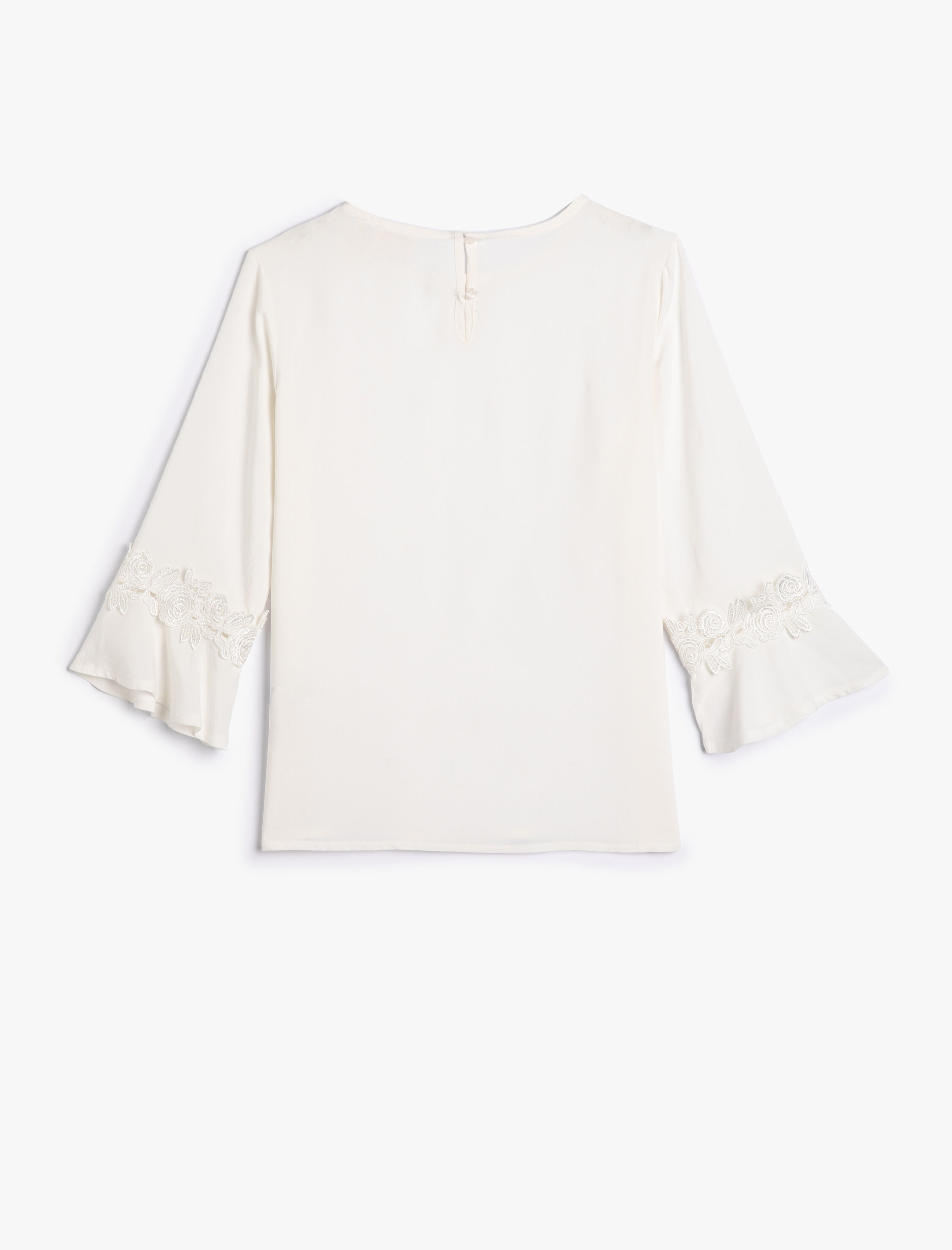  Kız Çocuk Bluz Uzun Çan Kollu Dantel Detaylı Yuvarlak Yaka Arkası Düğmeli