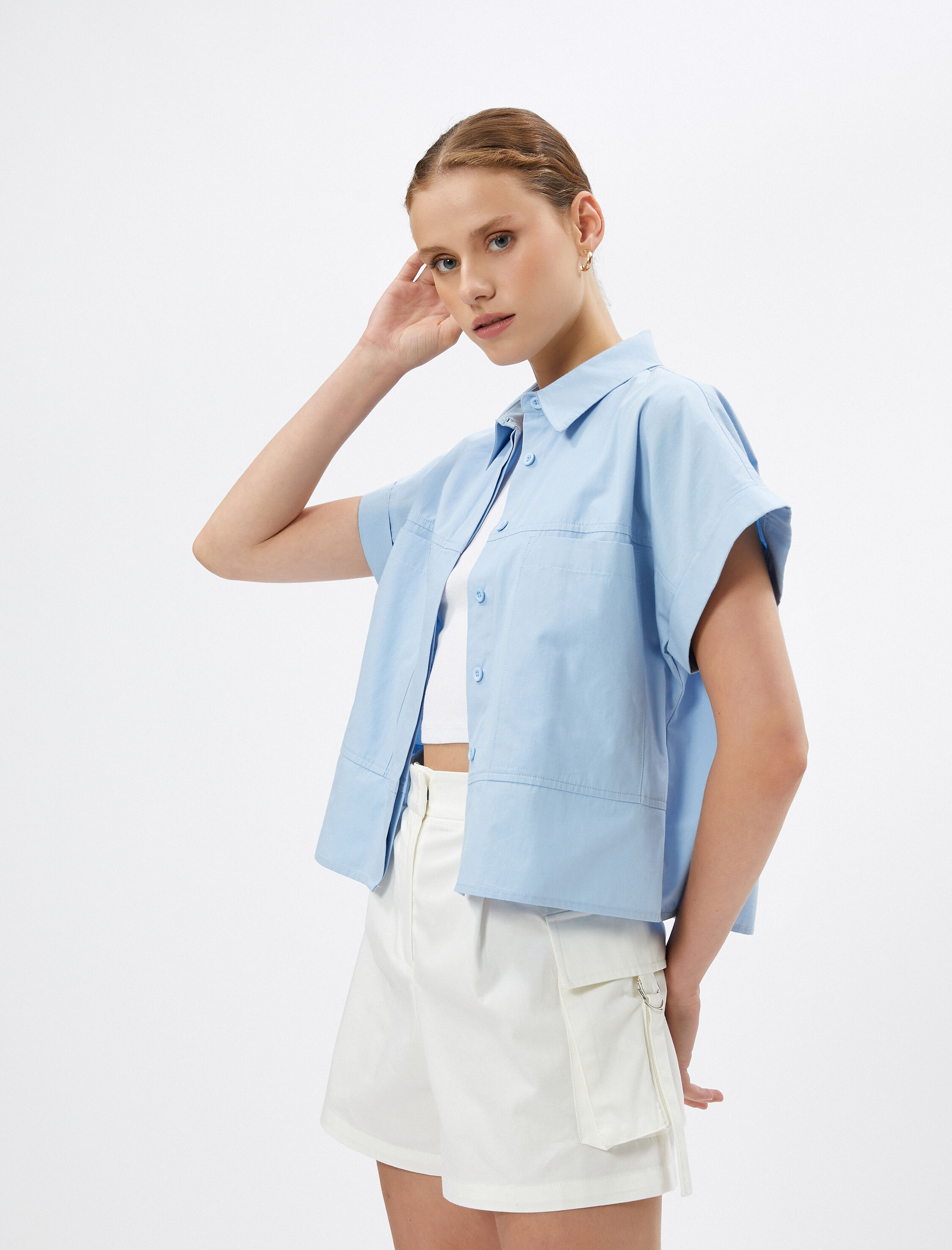   Kısa Kollu Gömlek Kargo Cepli Düğmeli Pamuklu