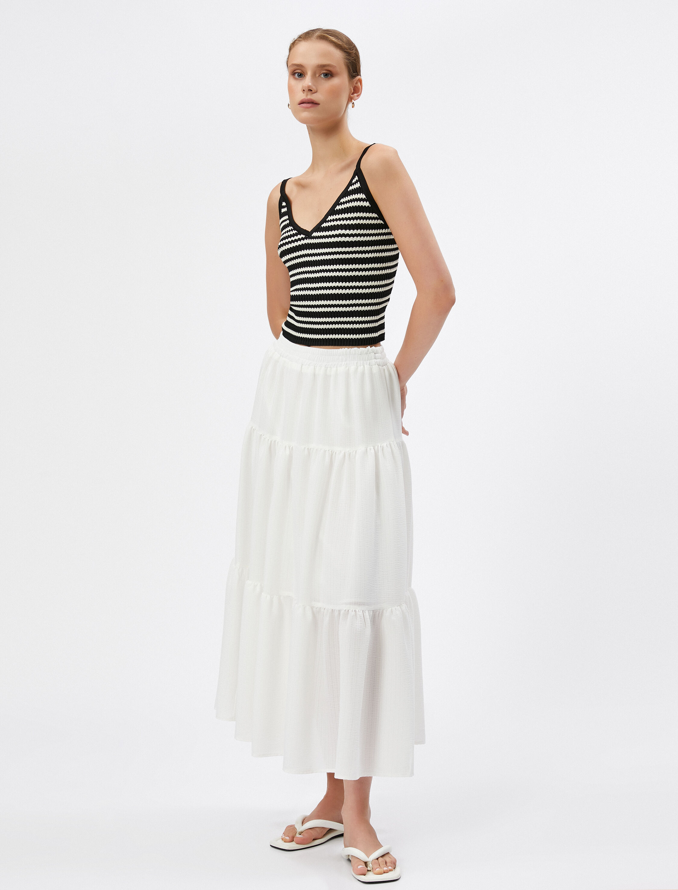   Uzun Etek Beli Lastikli Volanlı Astarlı Rahat Kesim