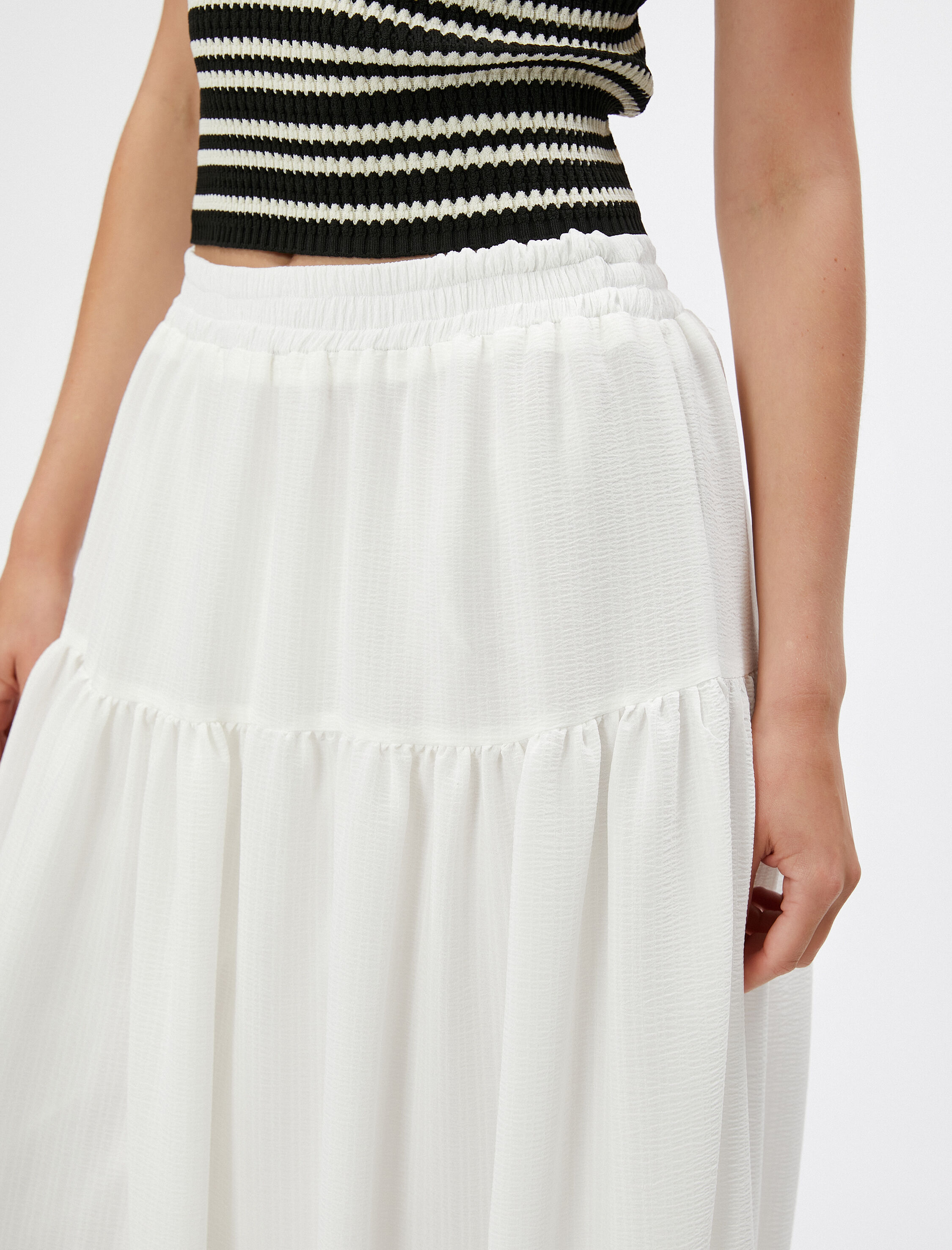   Uzun Etek Beli Lastikli Volanlı Astarlı Rahat Kesim