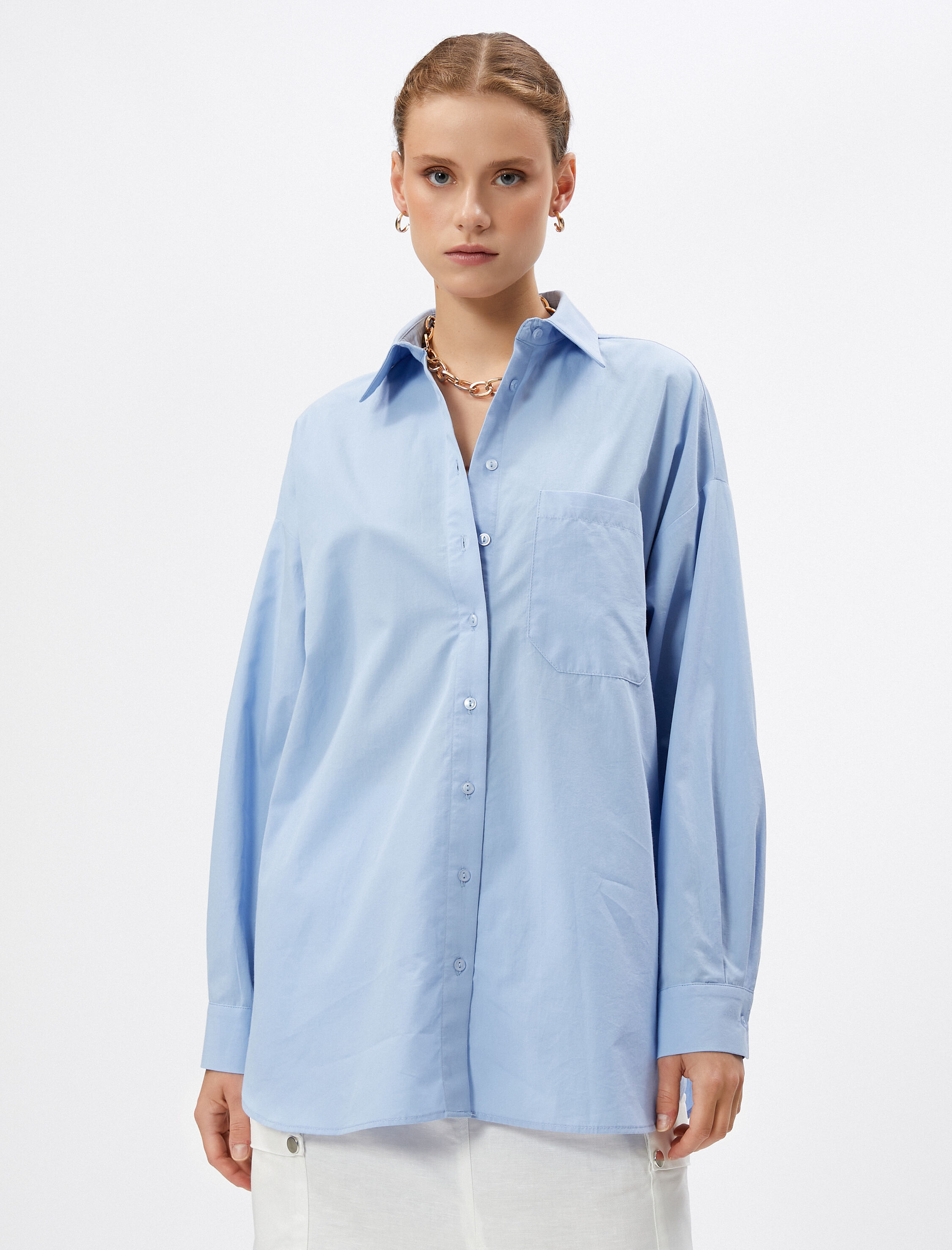   Oversize Gömlek Uzun Kollu Cep Detaylı Düğmeli Pamuklu