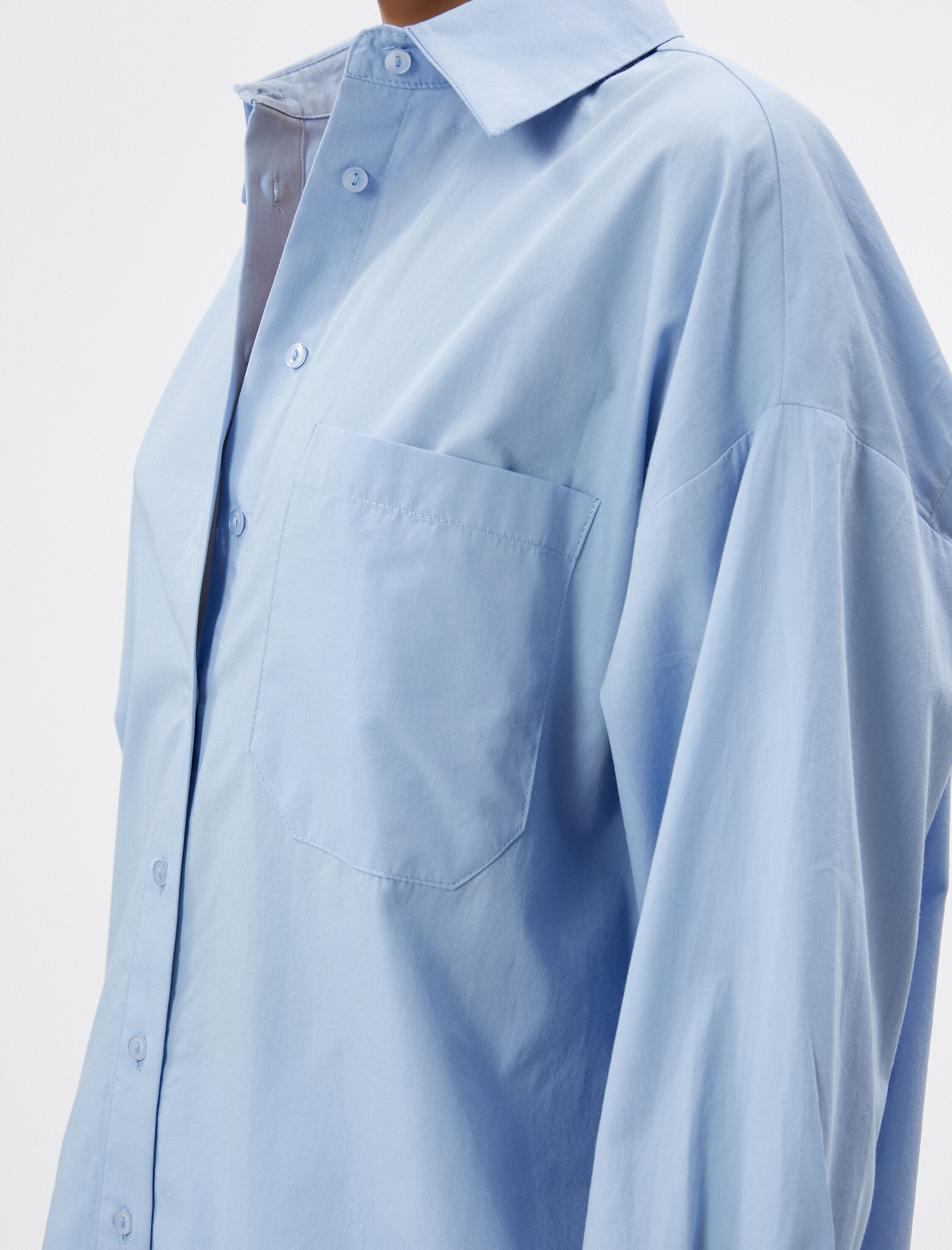   Oversize Gömlek Uzun Kollu Cep Detaylı Düğmeli Pamuklu