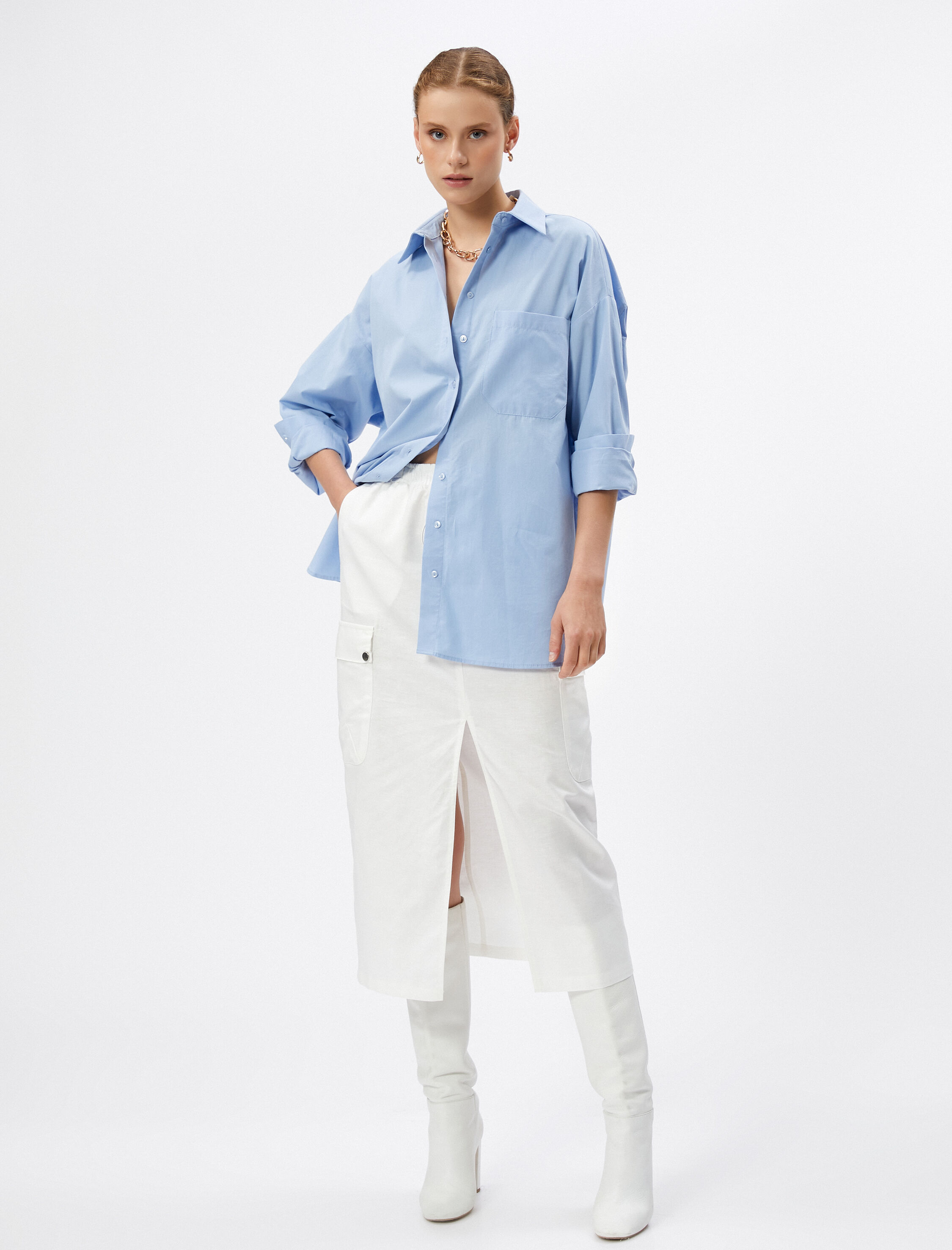   Oversize Gömlek Uzun Kollu Cep Detaylı Düğmeli Pamuklu