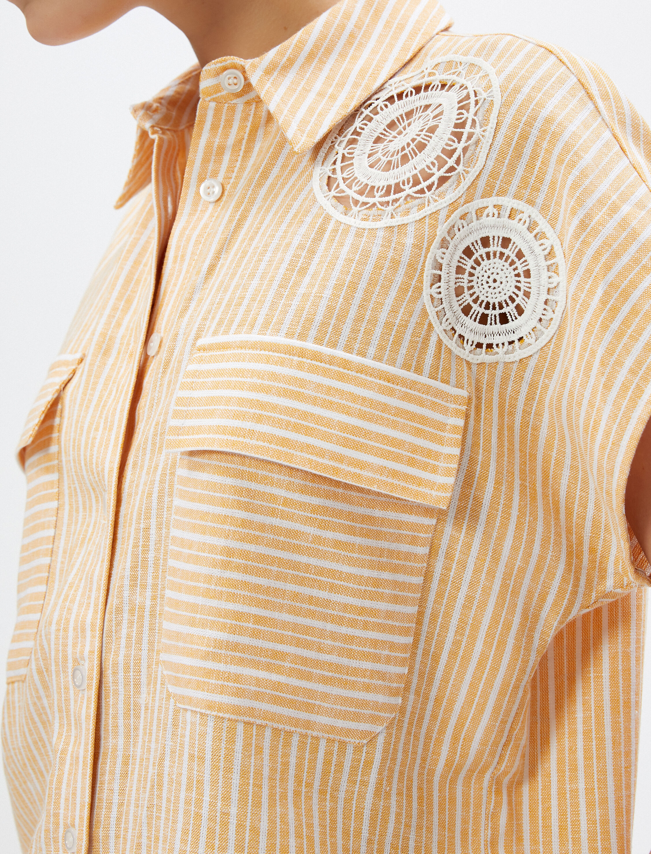   Keten Gömlek Kroşe Aplike Detaylı Cepli