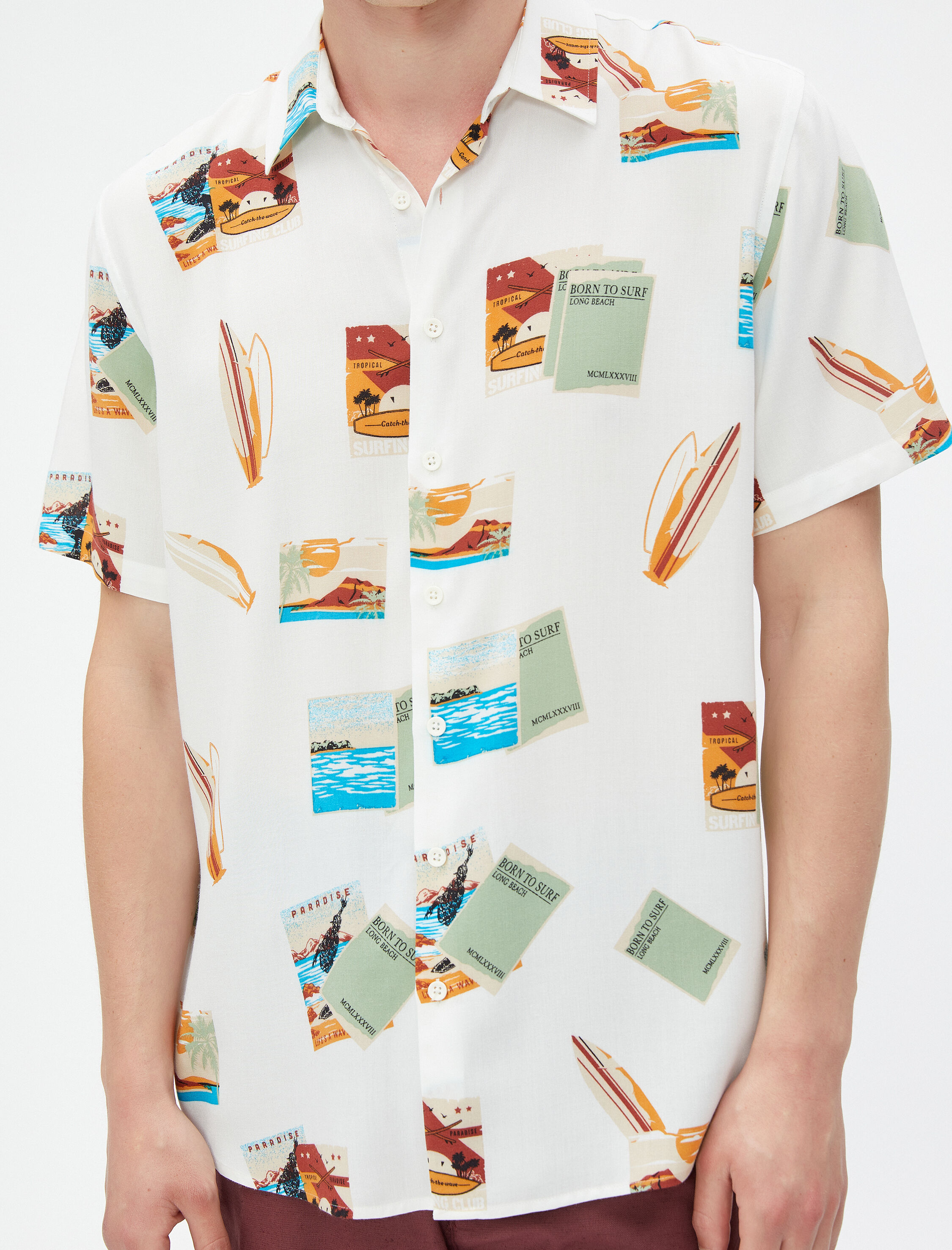   Kısa Kollu Gömlek Yaz Temalı Sörf Detaylı Klasik Yaka