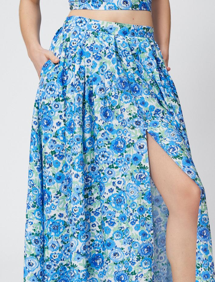  Çiçekli Midi Etek Cepli