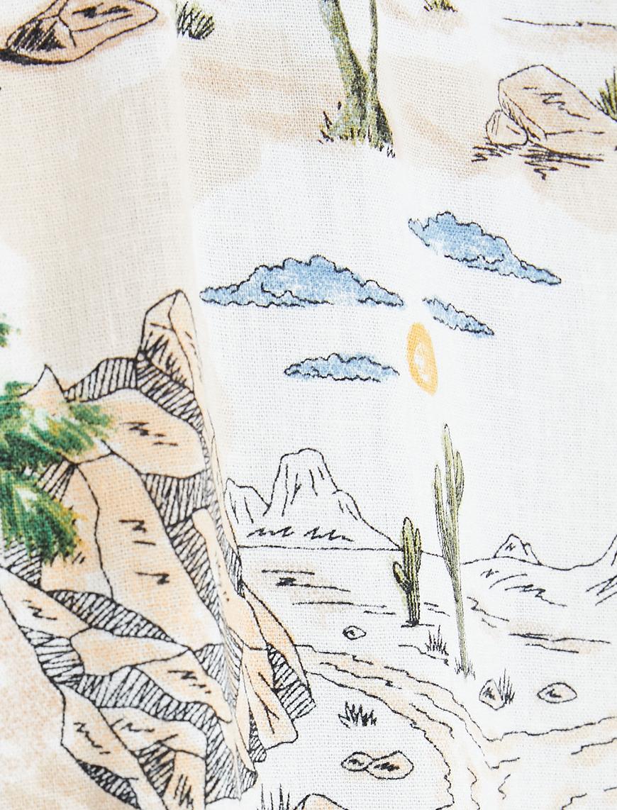   Keten Karışımlı Gömlek Kısa Kollu Devrik Yaka Safari Desenli