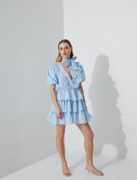 Fisto Elbise Mini Volanlı Balon Kollu Fırfırlı Pamuklu Fiyonk Detaylı