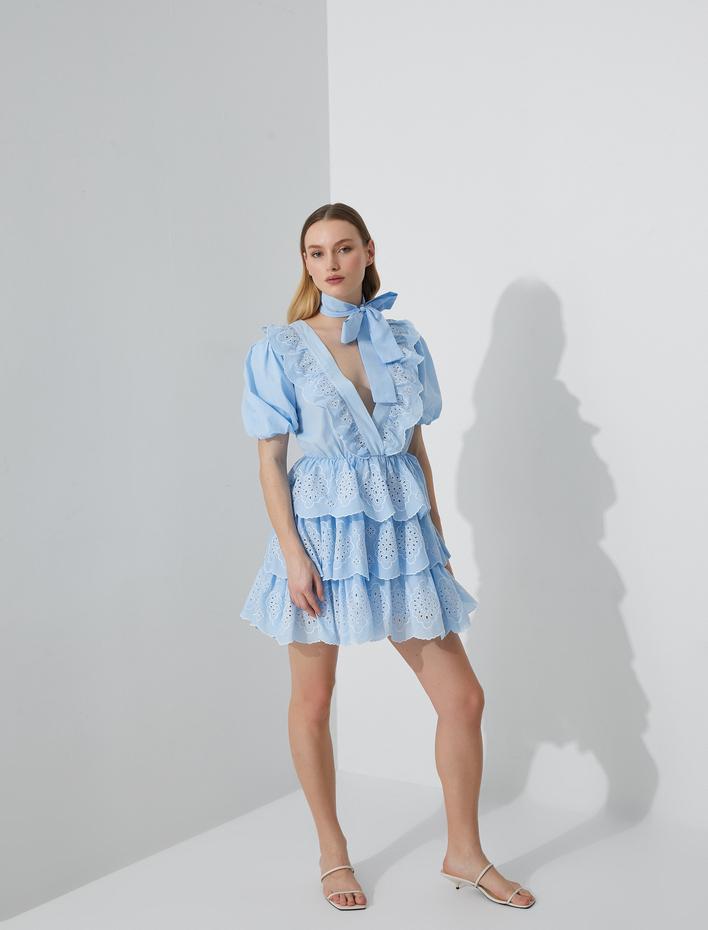  Fisto Elbise Mini Volanlı Balon Kollu Fırfırlı Pamuklu Fiyonk Detaylı