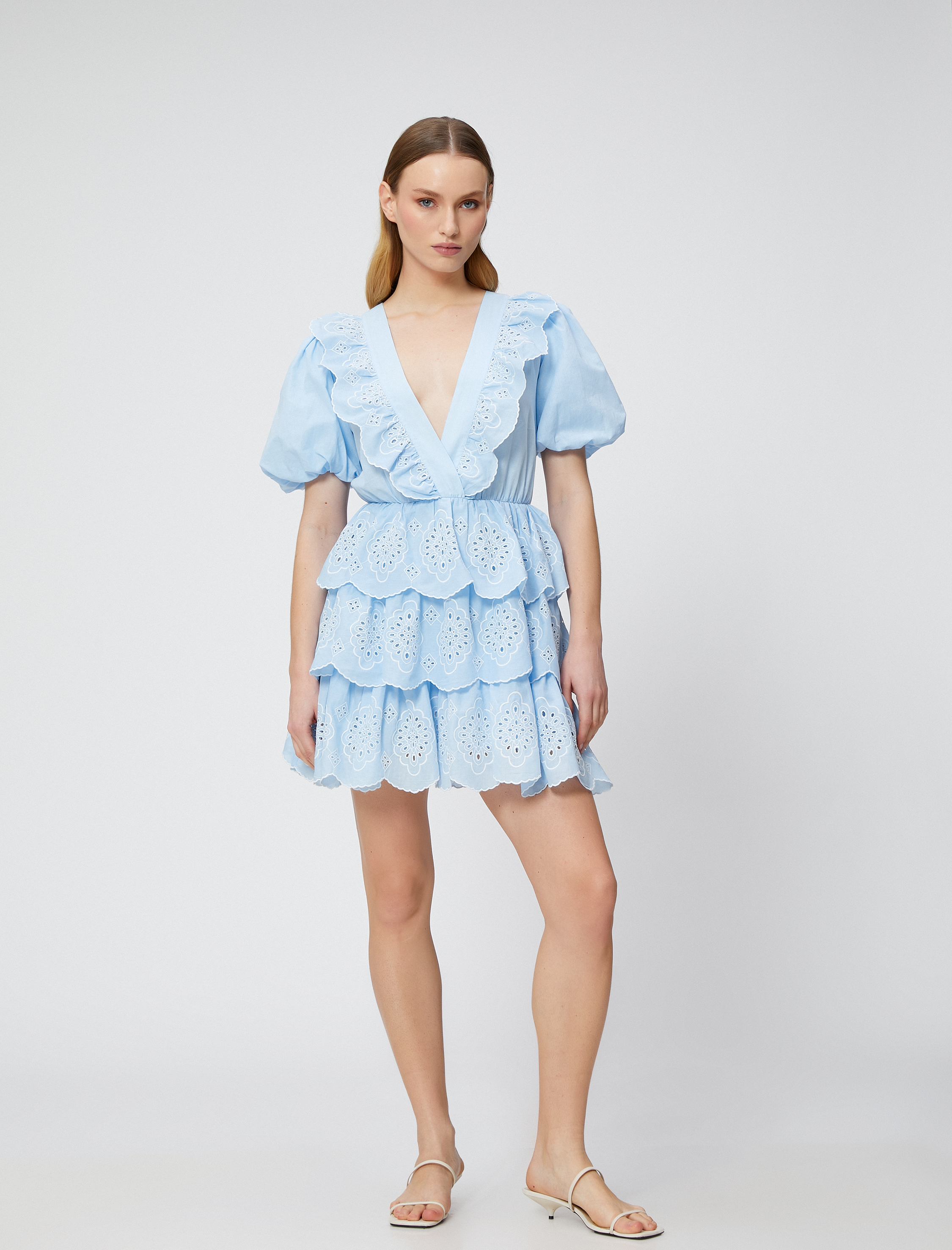   Fisto Elbise Mini Volanlı Balon Kollu Fırfırlı Pamuklu Fiyonk Detaylı