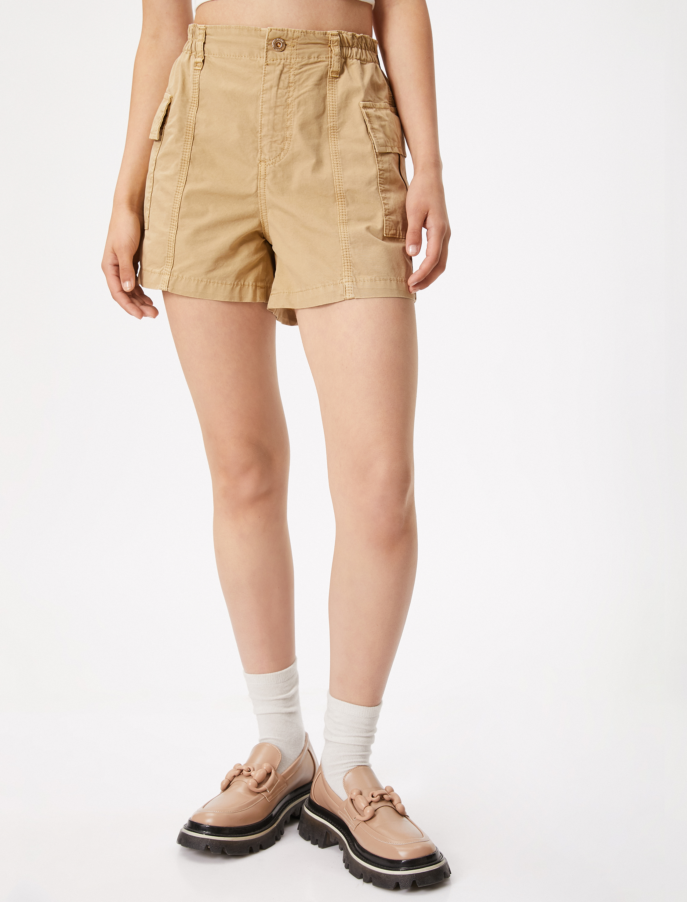   Kargo Kot Şort Cep Detaylı Yüksek Bel Pamuklu