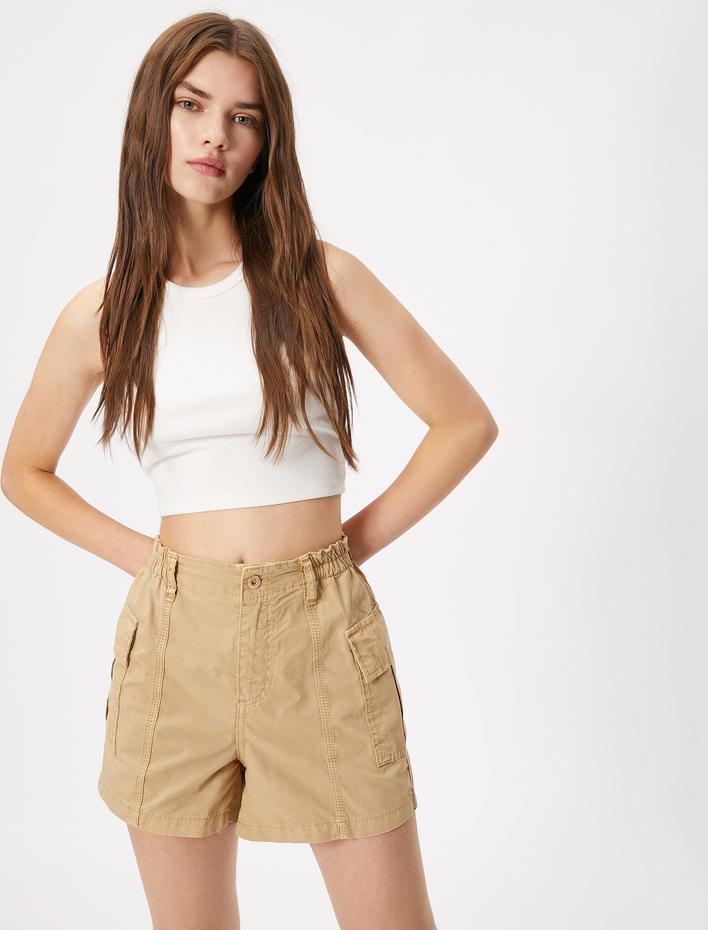  Kargo Kot Şort Cep Detaylı Yüksek Bel Pamuklu