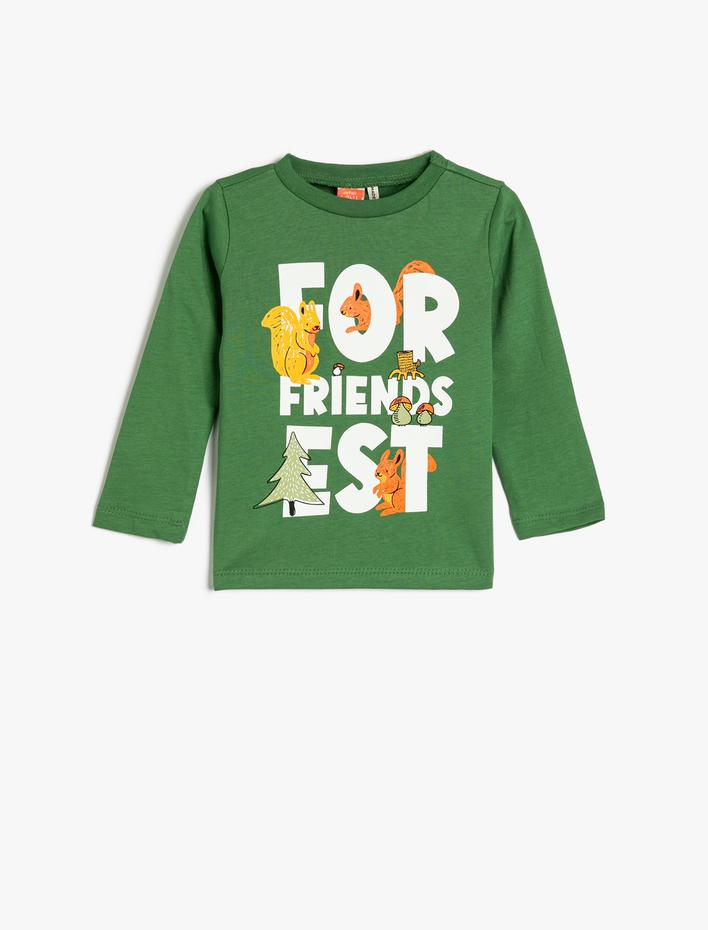 Erkek Bebek Tişört Grafik Sincap Baskılı Uzun Kollu Bisiklet Yaka Pamuklu