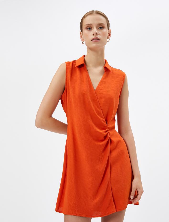  Mini Pileli Gömlek Elbise Drapeli Dokulu Kruvaze Kolsuz