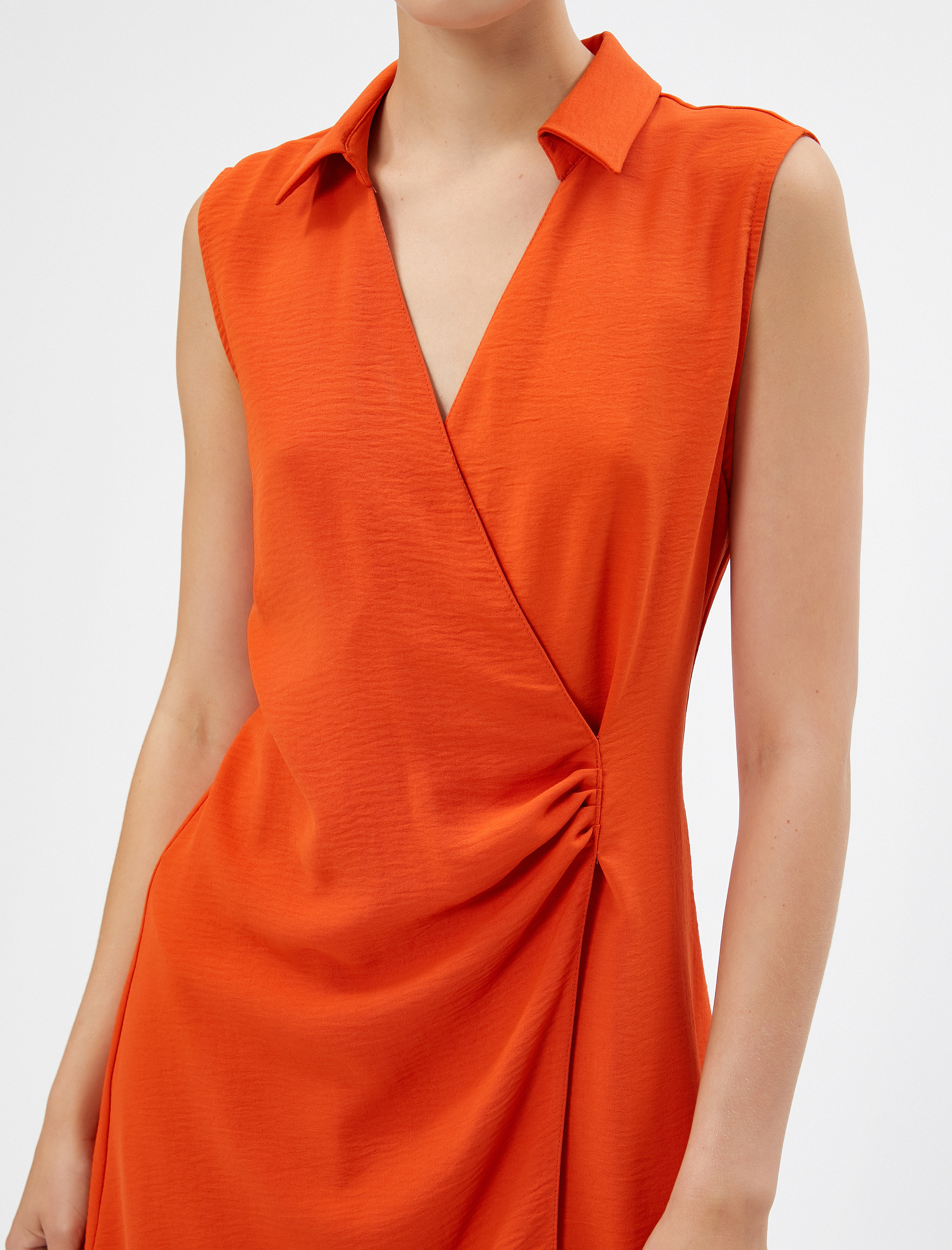   Mini Pileli Gömlek Elbise Drapeli Dokulu Kruvaze Kolsuz