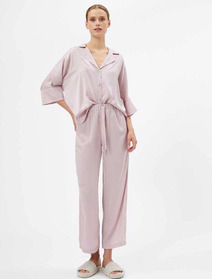  Saten Pijama Altı Beli Bağcıklı Cep Detaylı