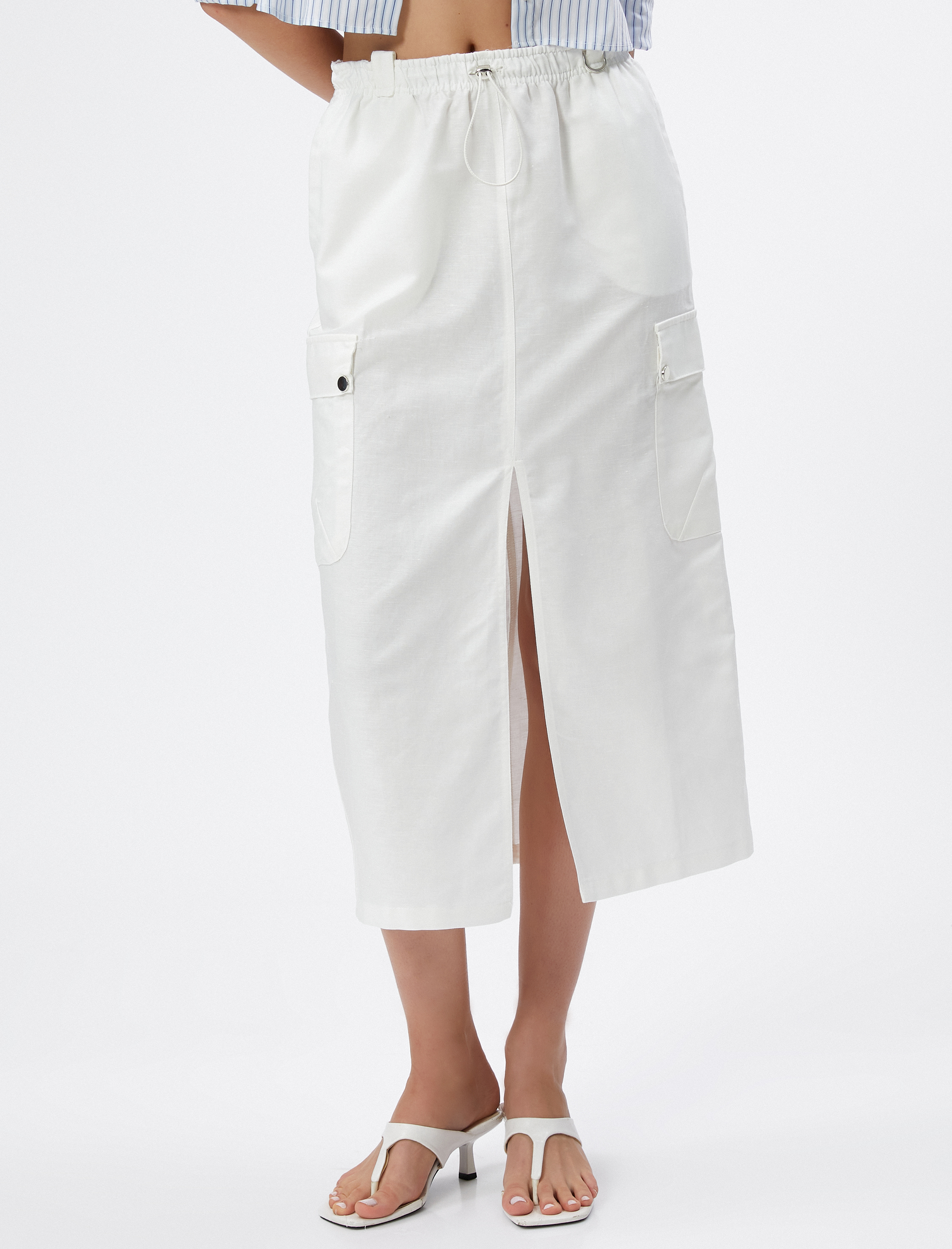   Midi Paraşüt Etek Yırtmaçlı Beli Lastikli Cepli Stoperli