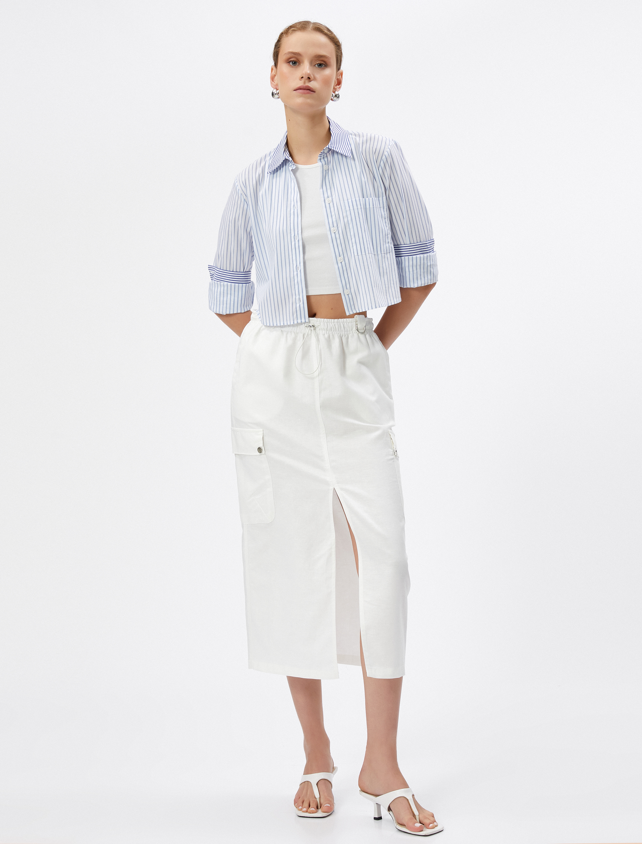   Midi Paraşüt Etek Yırtmaçlı Beli Lastikli Cepli Stoperli