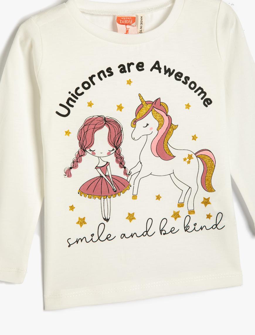  Kız Bebek Uzun Kollu Unicorn Tişört Pamuklu Bisiklet Yaka